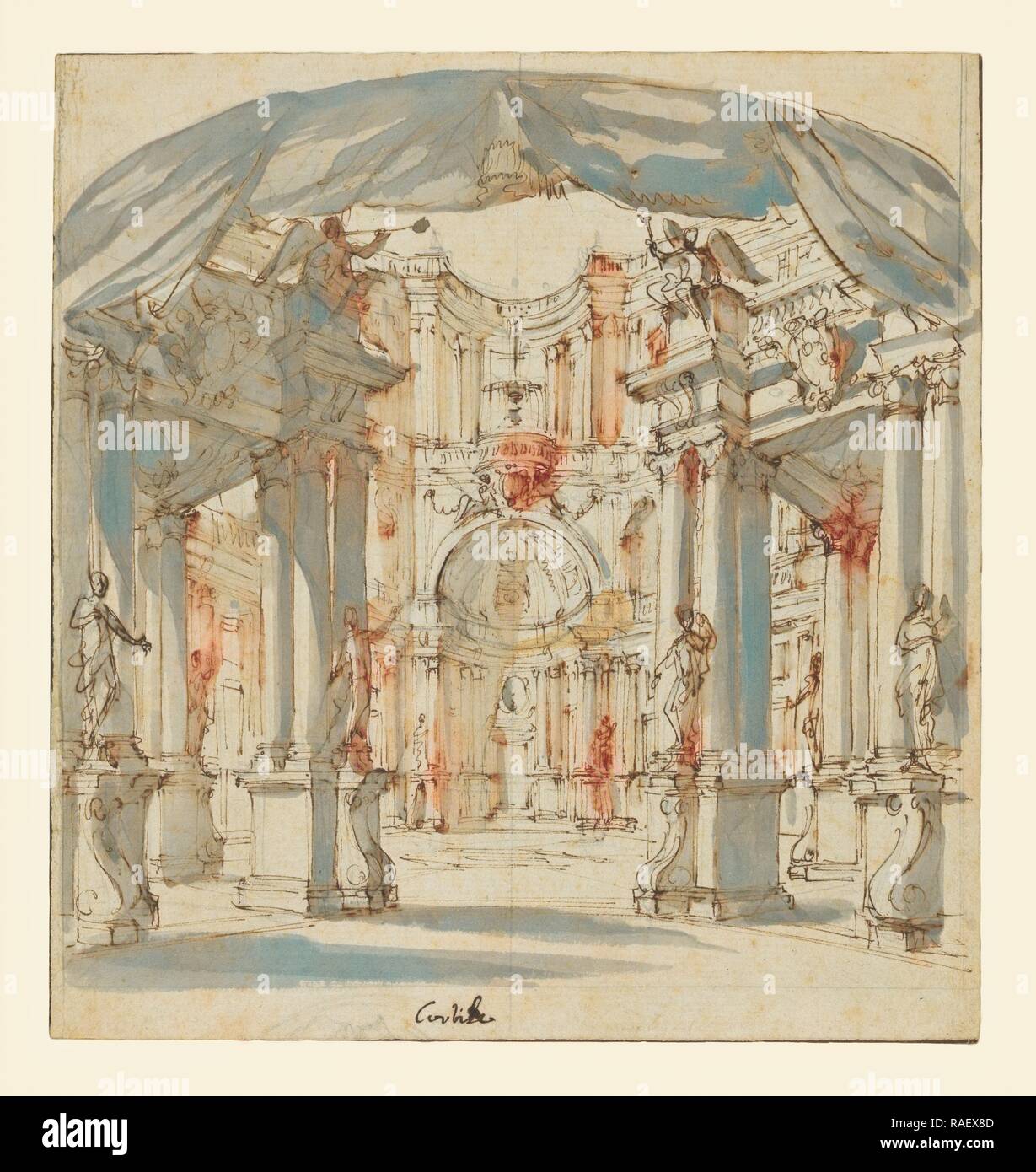 Der Innenhof eines Palastes: Projekt für eine Bühne, Filippo Juvarra (Italienisch, 1678-1736), 1713, Stift und Tinte braun, grau Neuerfundene Stockfoto