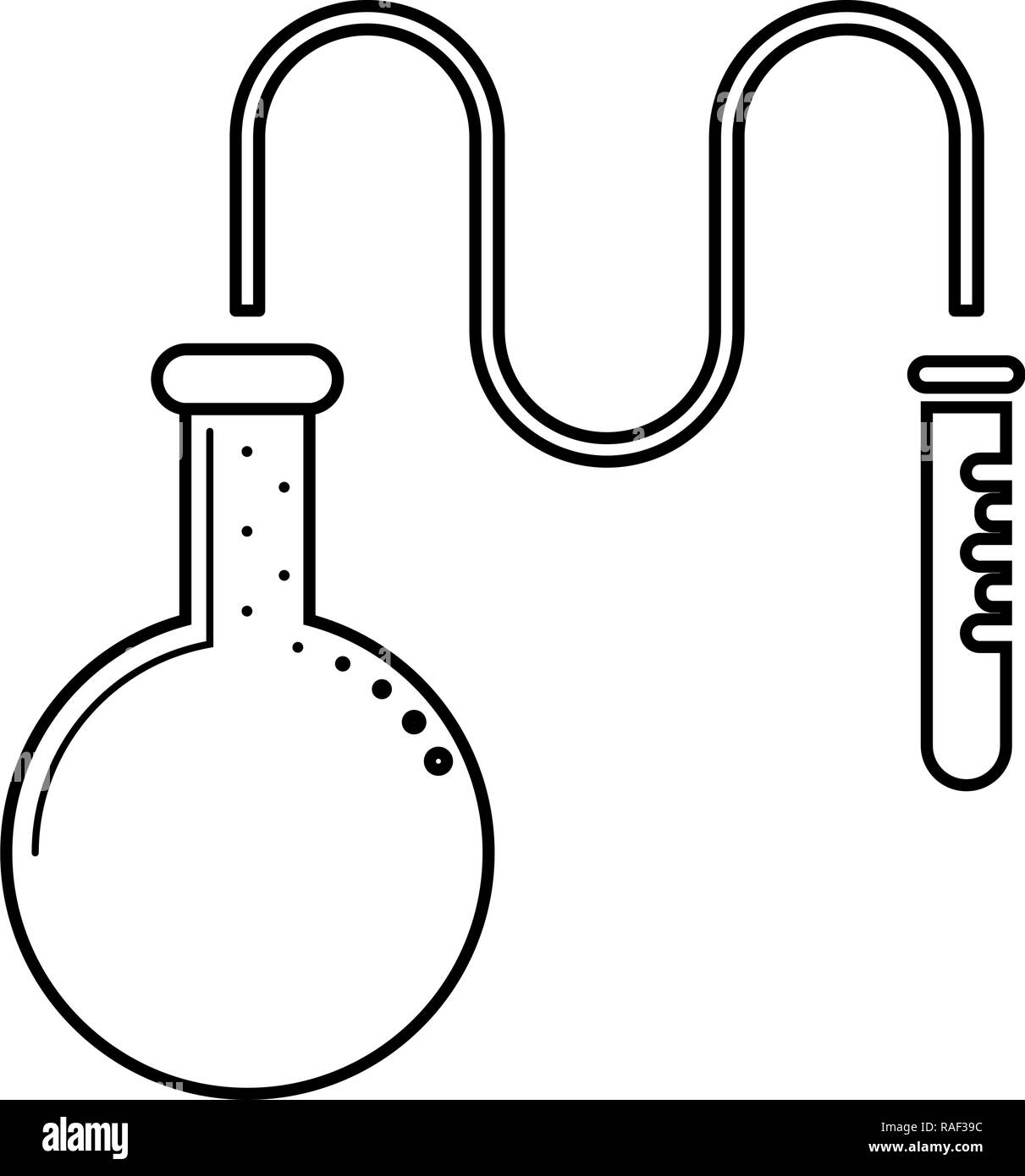 Öl Destillierkolben für chemische Reagenzien mit Reagenzglas mit einem dünnen Schlauch chemische Reaktion Konzept Symbol Farbe schwarz Vektor I Styl Stock Vektor