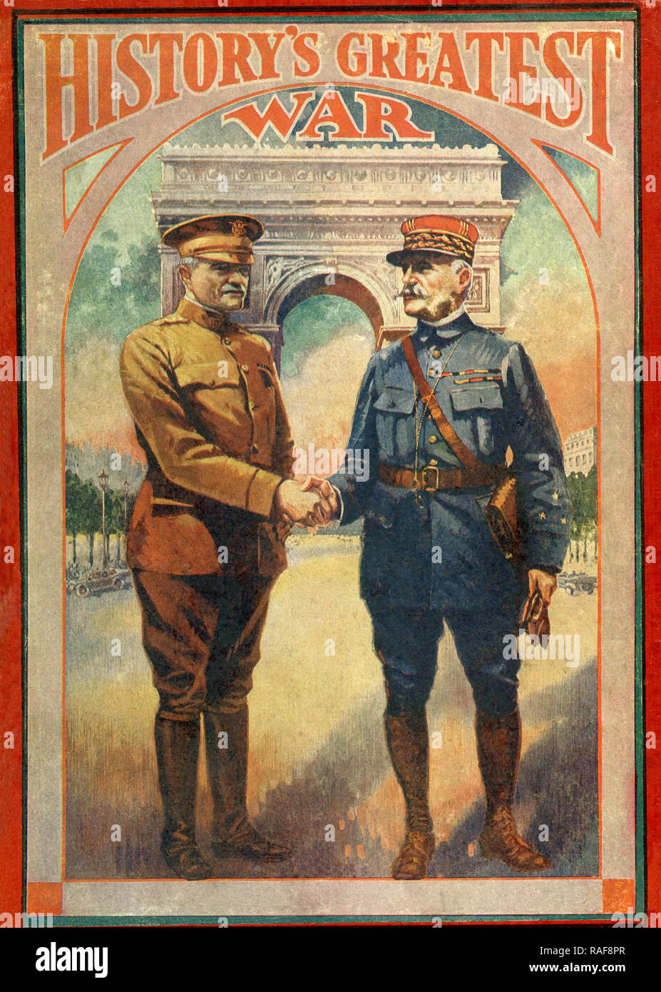 Der Titel bezieht sich auf den Ersten Weltkrieg. Die Zahlen sind der britische Befehlshaber General Douglas Haig und der französische Befehlshaber General Ferdinand Foch. Haig der British Expeditionary Force an der Westfront von 1915 bis zum Ende des Krieges ein Aktivierungsbefehl gegeben wurde. Foch diente als der Oberste Alliierte Befehlshaber während des Krieges. Hinter ihnen in dieser Abbildung ist der Arc De Triomphe in Paris. Stockfoto