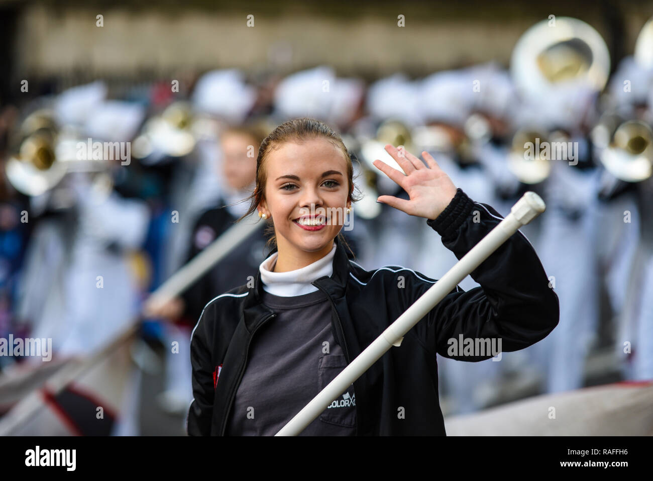 Der Stolz der Bixby High School Marching Band aus Oklahoma, USA, am Tag der Londoner New Year's Parade, UK. 2019. Amerikanische band Stockfoto