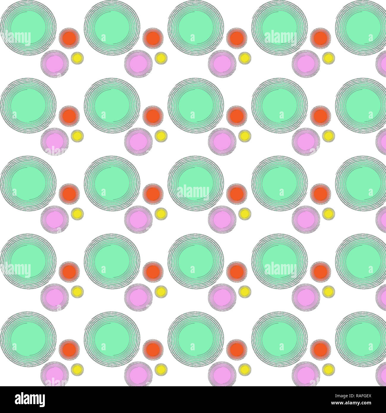 Abbildung: Muster mit großen, bunten Kreise in grün und littles Kreise in Violett, Orange und Gelb auf weißem Hintergrund im quadratischen Format - Stockfoto