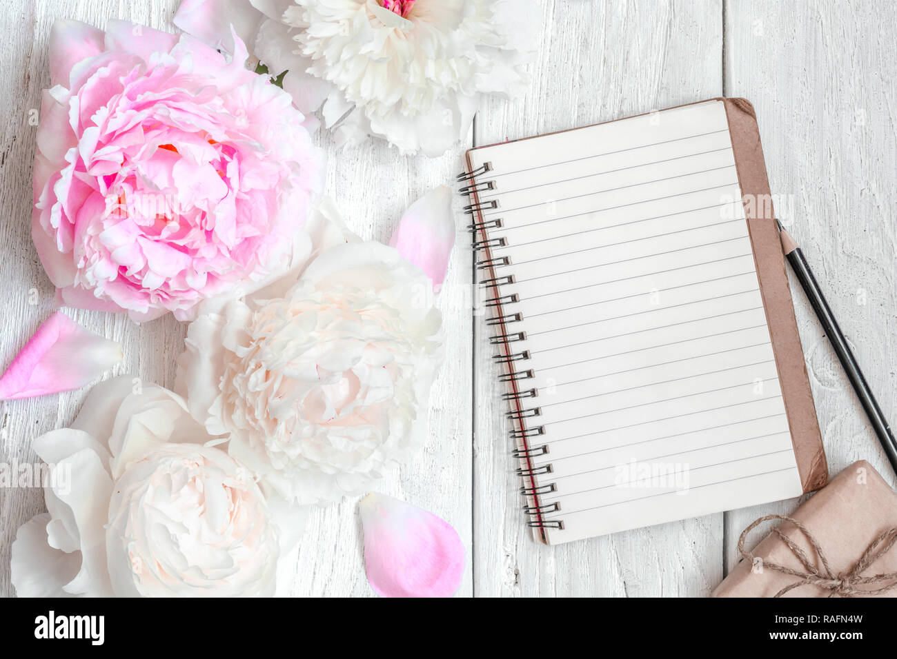 Rosa und weiße Pfingstrose Blüten mit leeren gesäumt Notebook und Geschenkbox auf weissem Holztisch. Mock up. Ansicht von oben mit der Kopie Raum. valentines oder Frauen Tag Stockfoto