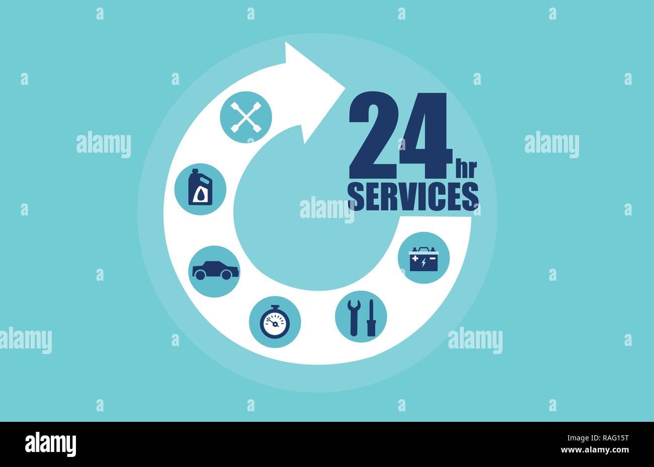 Kreis Pfeil schritt Dienste 24 Stunden mit Symbolen für Automobile. Vektor für Auto-Konzept Stock Vektor