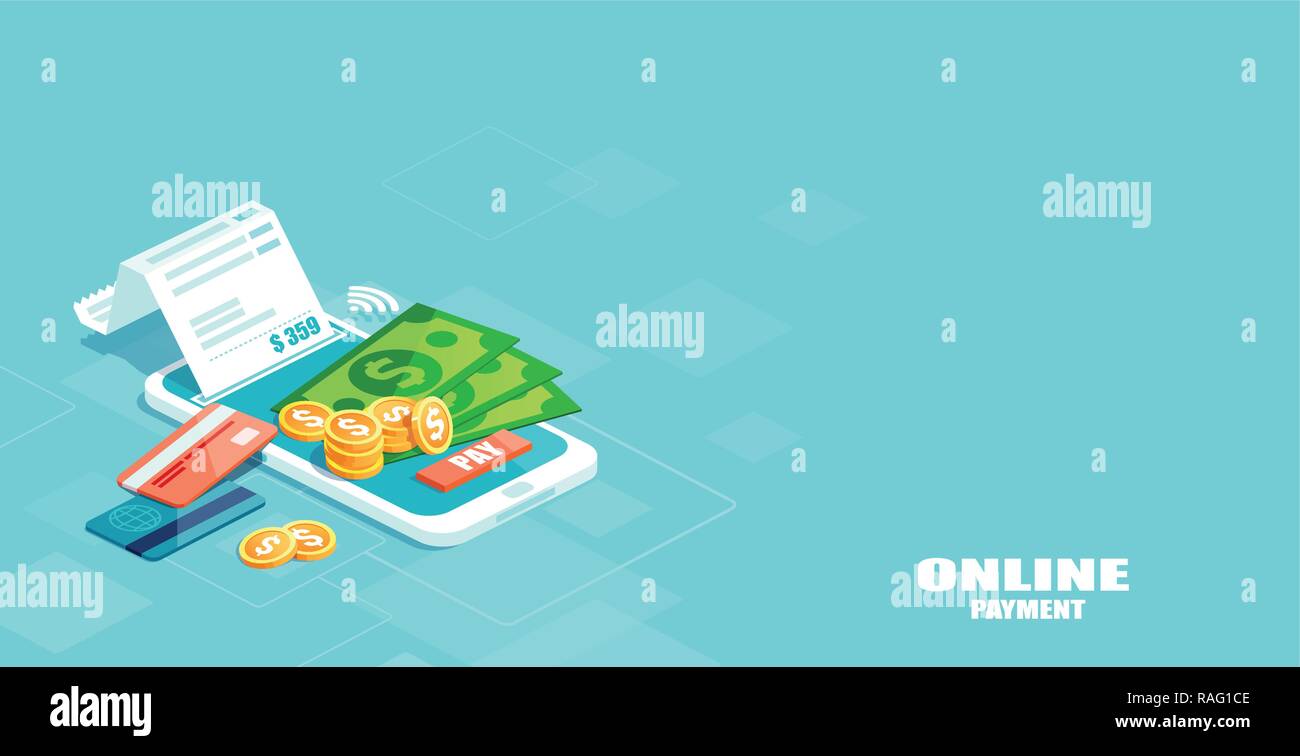 Online mobile Payment Konzept. Der Vektor der elektronischen Rechnung, SMS-Benachrichtigung, Zahlen, Geschichte, Finanzen Datenschutz, Smartphone mit Kreditkarte. Stock Vektor