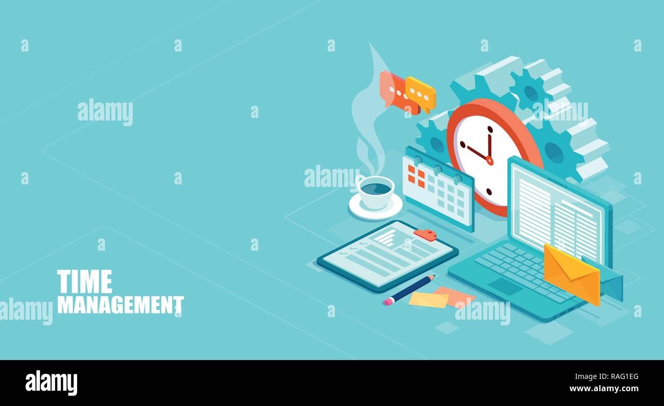 Zeit-management Konzept. Effiziente Nutzung der Arbeitszeit für die Umsetzung des Business Plans. Vektor eines Blick von oben auf den Arbeitsplatz. Stock Vektor