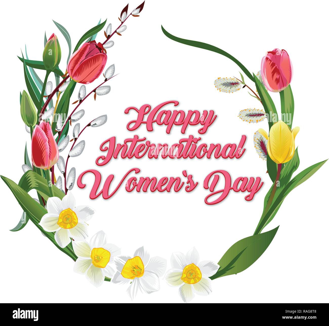 Happy Frauentag Grußkarte. Postkarte am 8. März. Text mit Blumen Vektor