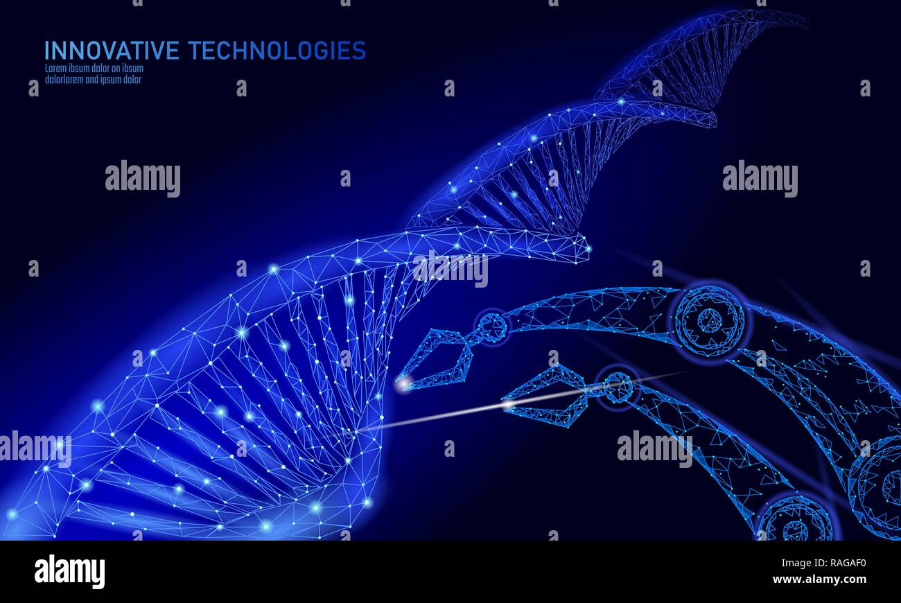 Low Poly chemische DNA-Gentherapie Wissenschaft Konzept. Polygon lab Dreiecke 3D Rendering Chemie Gentechnik. Moderne Innovation der menschlichen Evolution Genomik Technologie ai Vektor illustration Stock Vektor