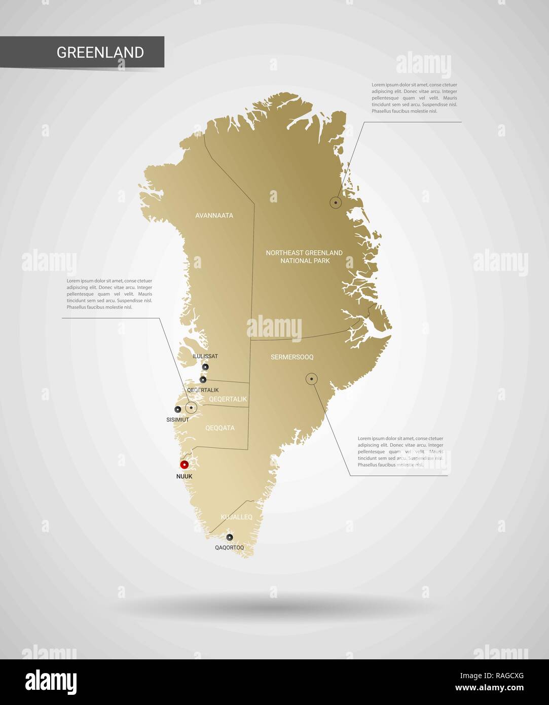 Stylized Vector Grnland Karte. Infografik 3d Gold Karte Abbildung Mit Stdten, Lndergrenzen
