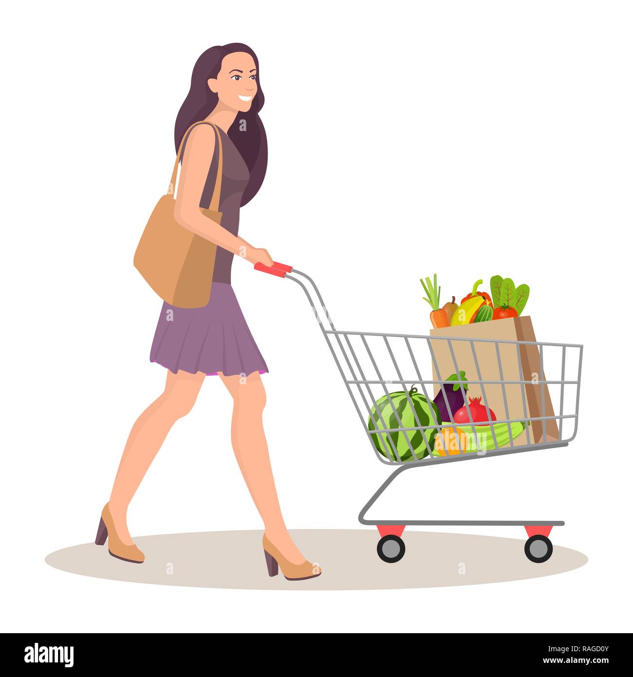 Schöne junge Frau mit Einkaufswagen voller Pakete mit Gemüse und Früchte. Glücklich lächelnde Frau mit Produkten. Vector Illustration in Flat s Stock Vektor