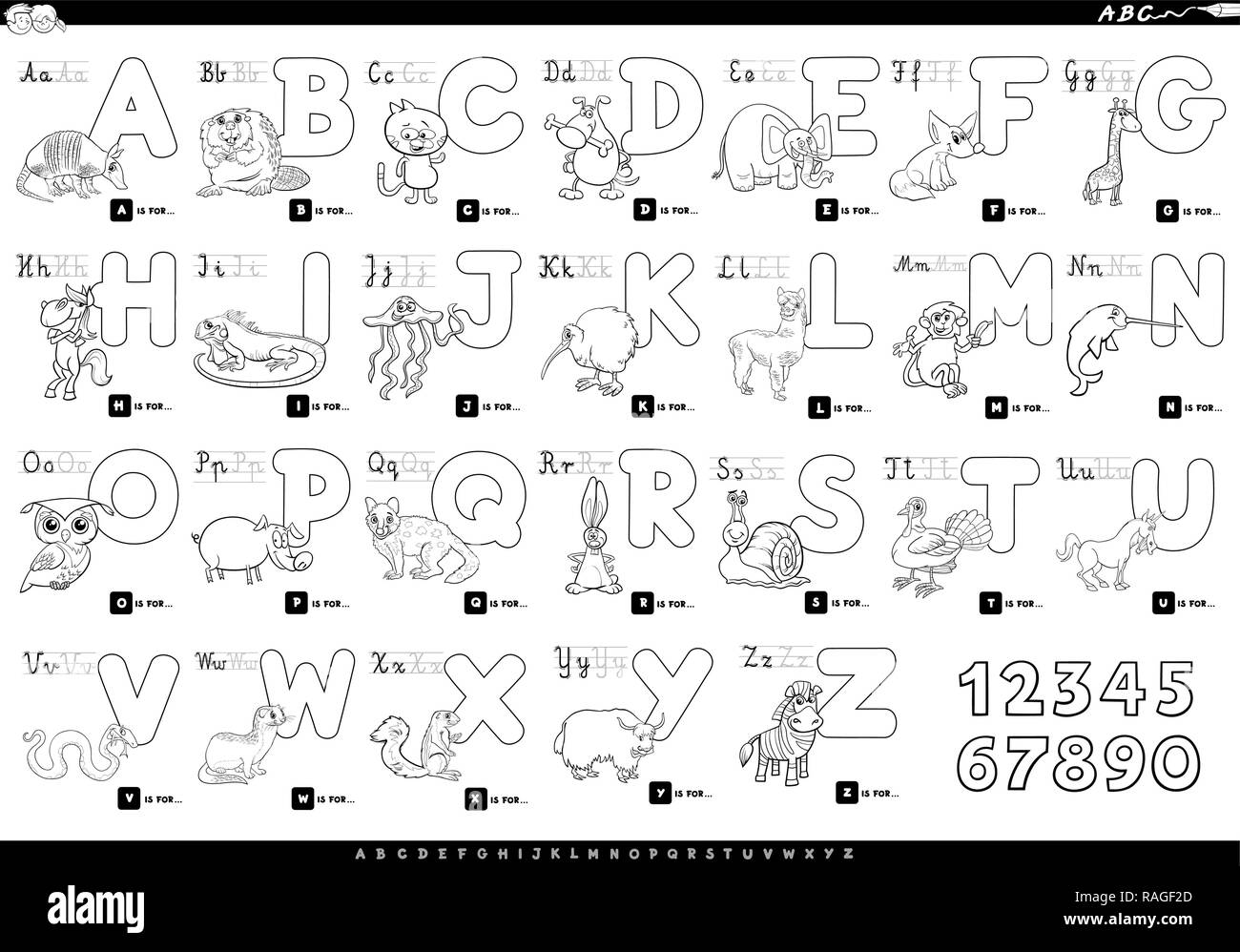 Schwarze und Weiße Cartoon Illustration von Großbuchstaben Alphabet Set mit Tier Zeichen für das Lesen und Schreiben von Bildung für Kinder färben Bo Stock Vektor