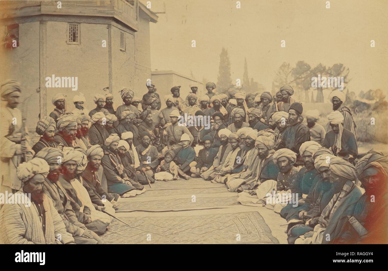 Group Portrait von Männer, Soldaten, und Junge, John Burke (Briten, aktive 1860s - 1870s), Afghanistan, 1878 - 1879 überarbeitet Stockfoto