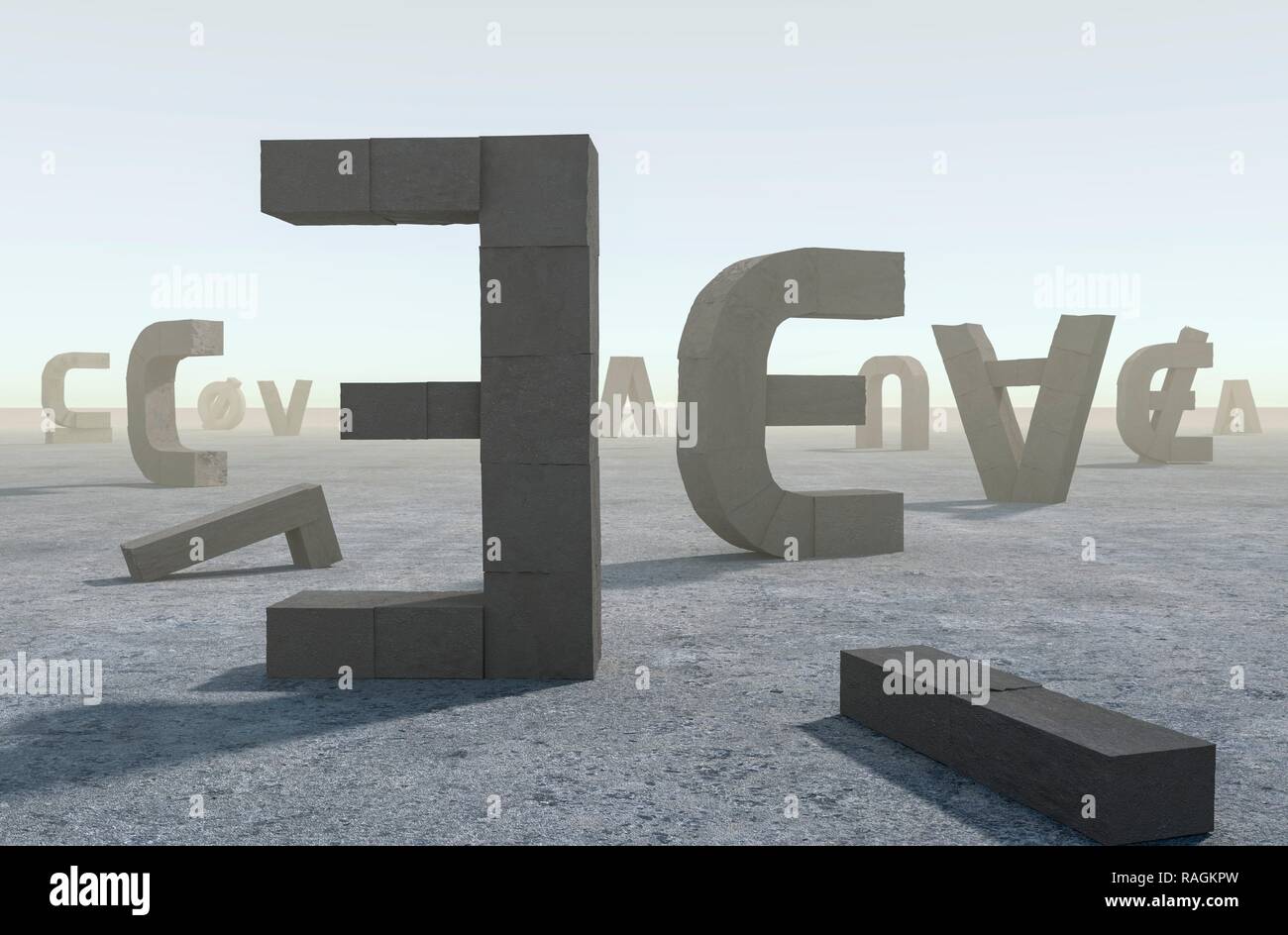 Abbildung: Symbole der Mengenlehre und Logik dargestellt als ein Satz von Stein Denkmäler auf einer Ebene. Stockfoto