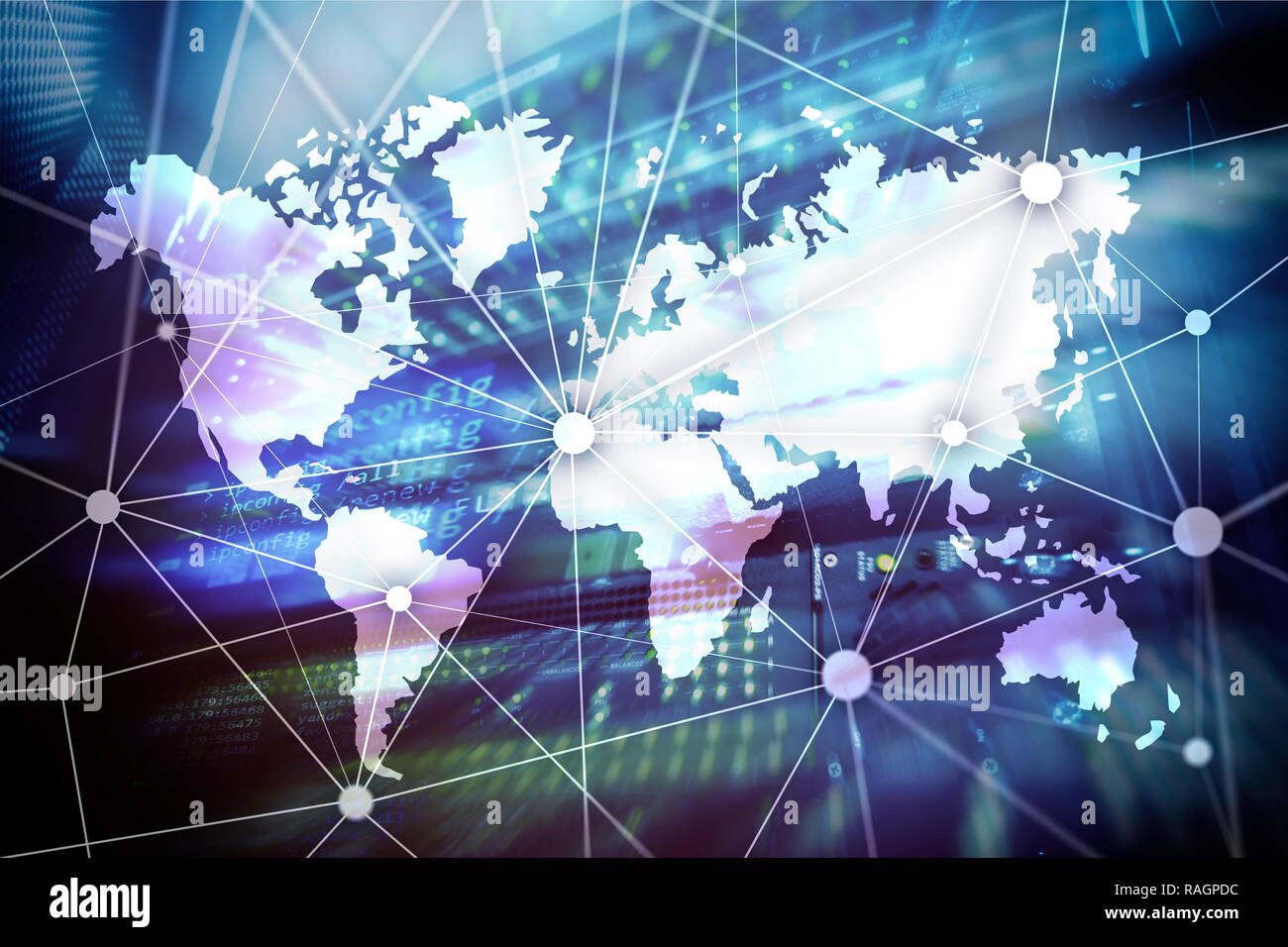 Weltkarte mit Kommunikation Netzwerk auf dem server Raumhintergrund Stockfoto