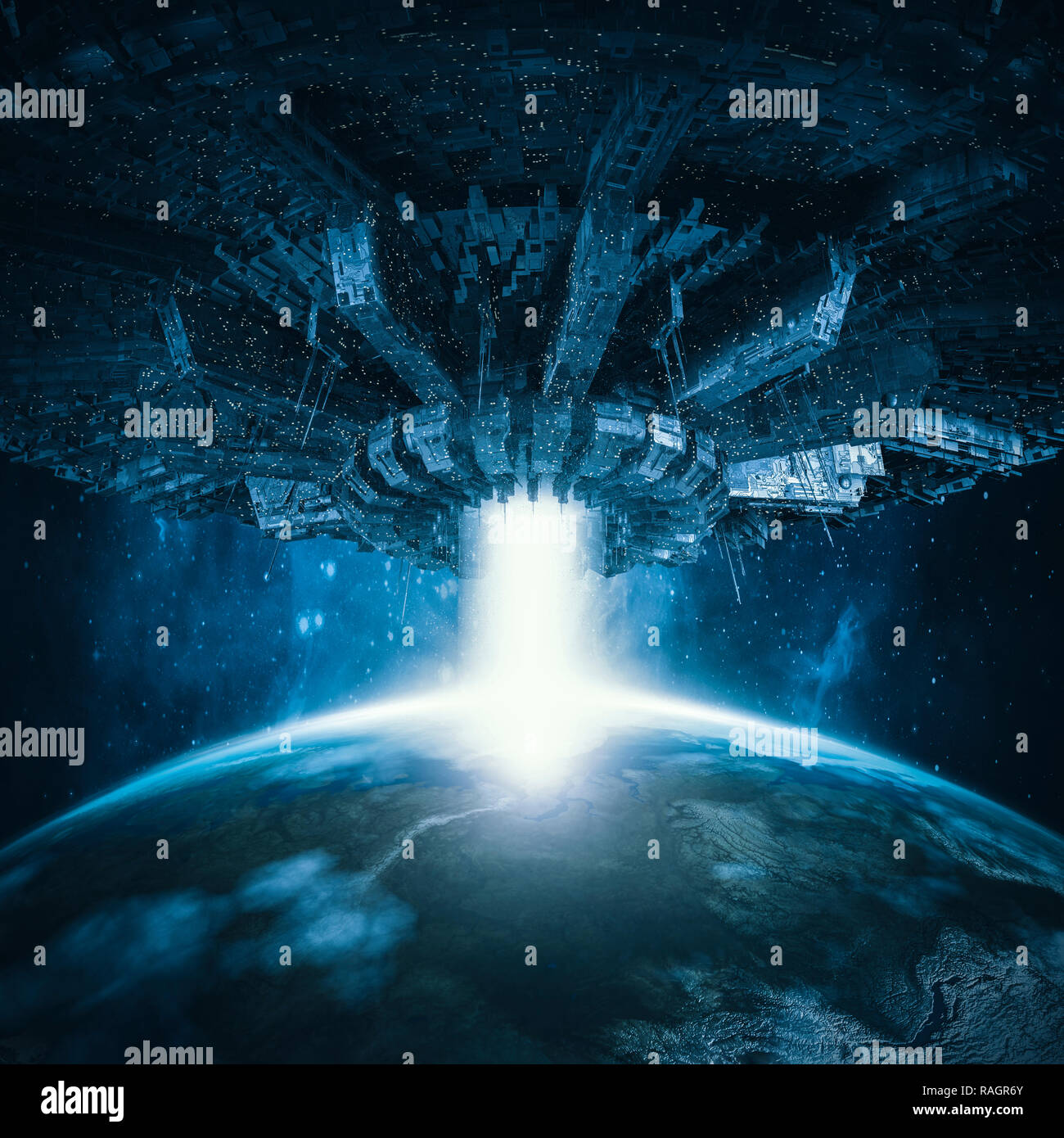 Planetare invasion Raumfahrzeuge/3D-Darstellung der science fiction Szene mit riesigen außerirdisches Raumschiff schwebt im Raum über der Erde planet Stockfoto