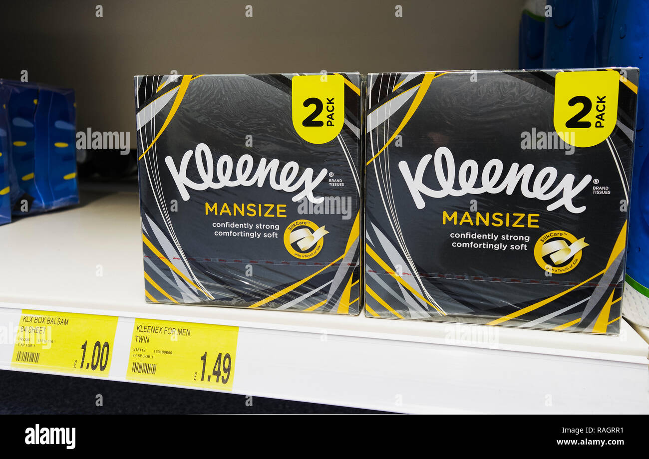 Kleenex Mansize Gewebe werden aus dem Verkauf Nach 60 Jahr nach Beschwerden von Sexismus im Branding, von Kleenex Extra ersetzt werden große Verschwinden Stockfoto