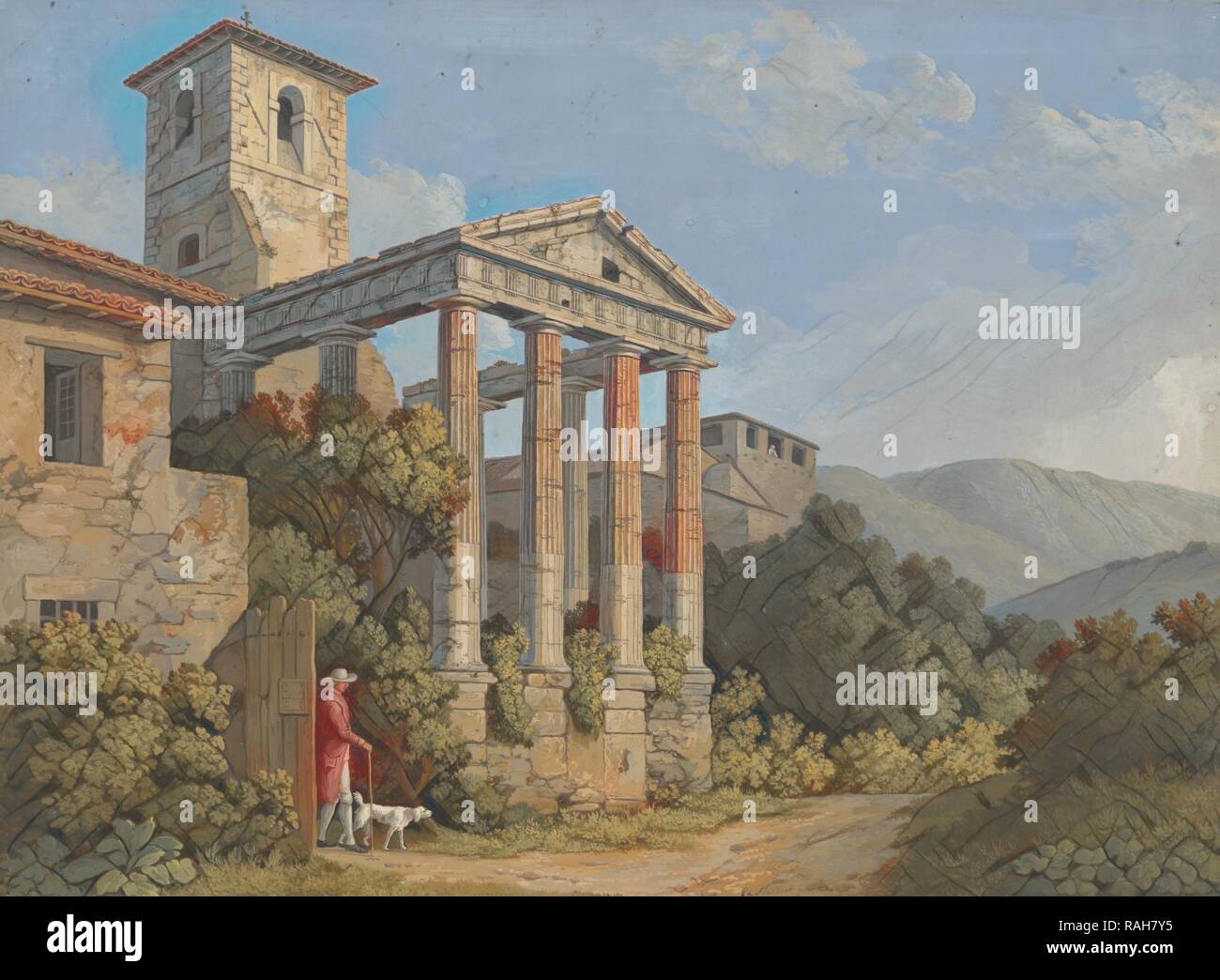 Der Tempel des Herkules in Cori in der nähe von Velletri, Jakob Philipp Hackert (Deutsch, 1737-1807), Italien, 1783, Gouache, 34,8 Neuerfundene Stockfoto