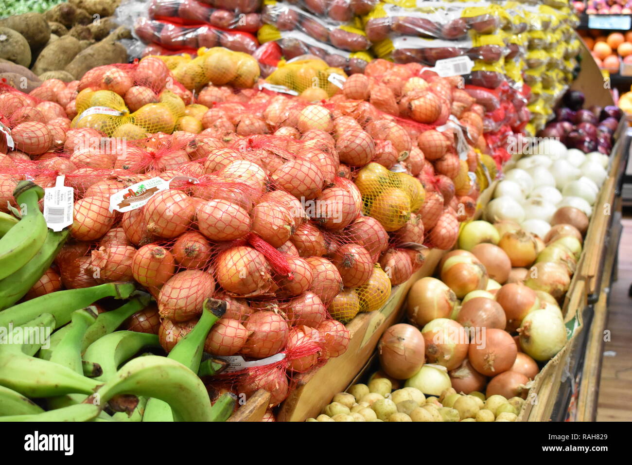 Lebensmittelgeschäft Zwiebeln Stockfoto