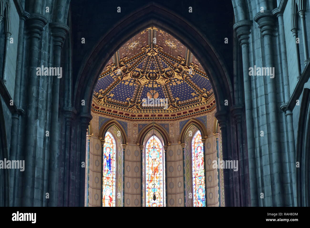 Reich dekoriert und gewölbte Decke Glasfenster kontrastieren mit glatten Stein Wände und Säulen der St. Mary Cathedral in Kilkenny. Stockfoto