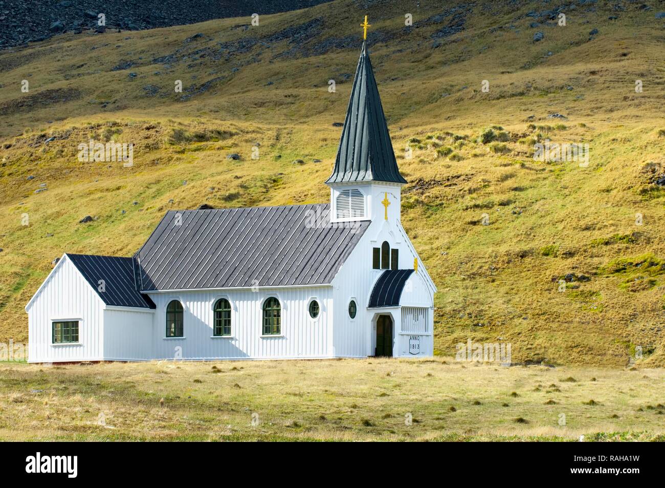 Whalers' Kirche, die ehemalige Walfangstation Grytviken, Südgeorgien, Antarktis Stockfoto