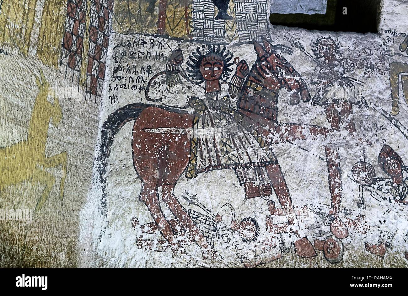 St. Theodor der Römer ein Pferd reiten tötet der muslimischen Feinde der Christen, Fresko in der Kirche Yohannes Stockfoto
