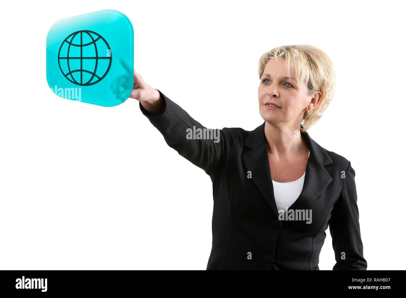 Frau mit einer virtuellen, interaktiven Benutzeroberfläche, symbolische Bild für virtuelle Arbeit Stockfoto