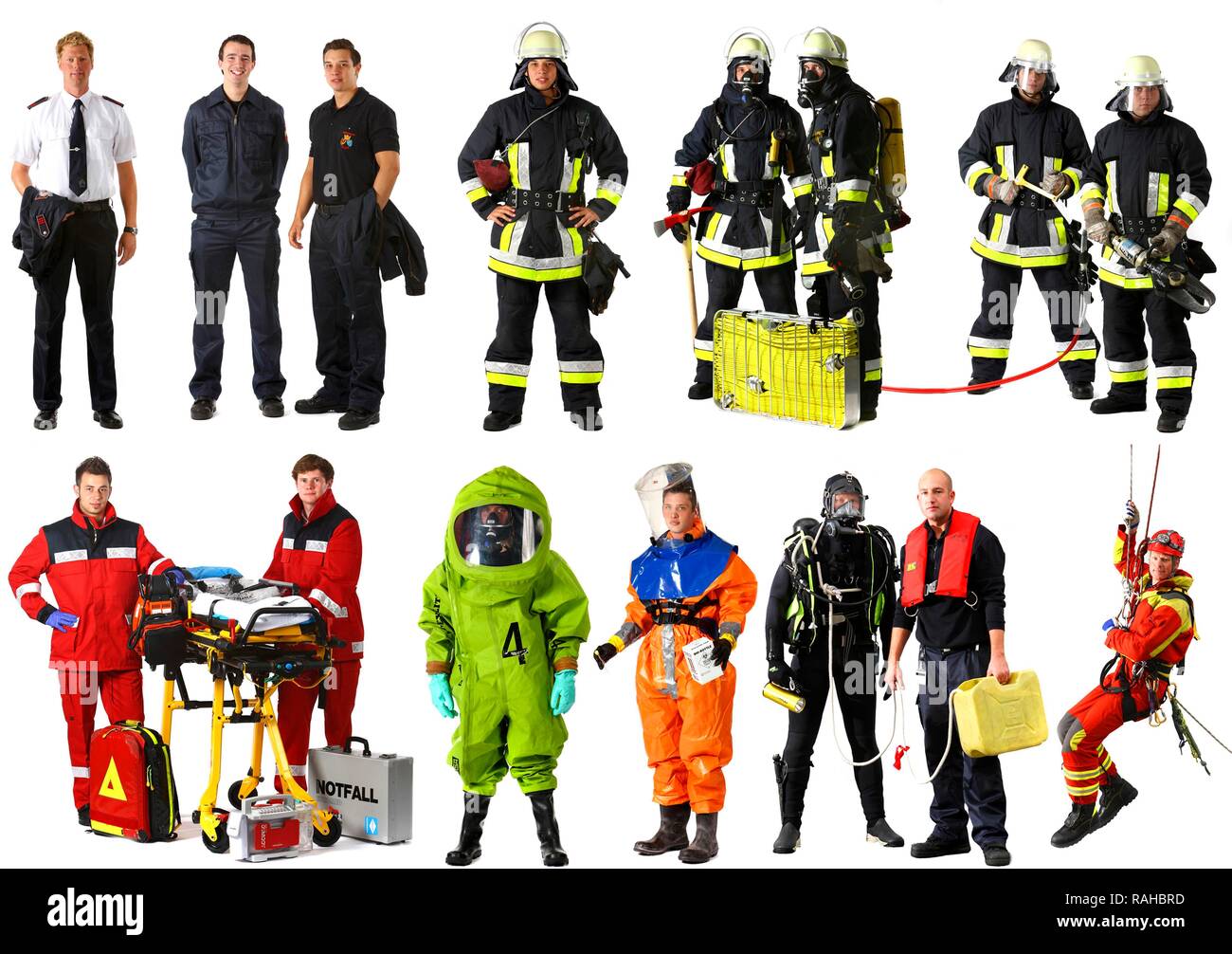 Feuerwehrmänner tragen verschiedene Uniformen, einschließlich einer chemischen Schutzanzug, Sanitäter, einem hohen Winkel Retter, ein Tauchen Stockfoto