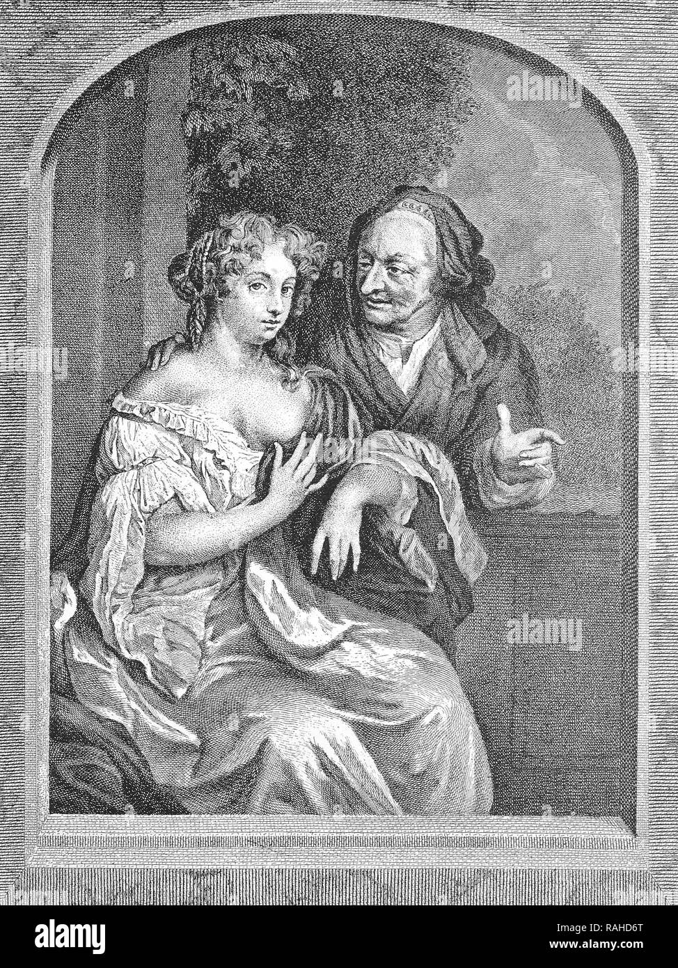 Die gefährliche Leichtgläubigkeit, Herzogin von Mazarin, Geliebte von Charles II von England und die Duke Kolbert, verkleidet als ein Heiratsvermittler Stockfoto