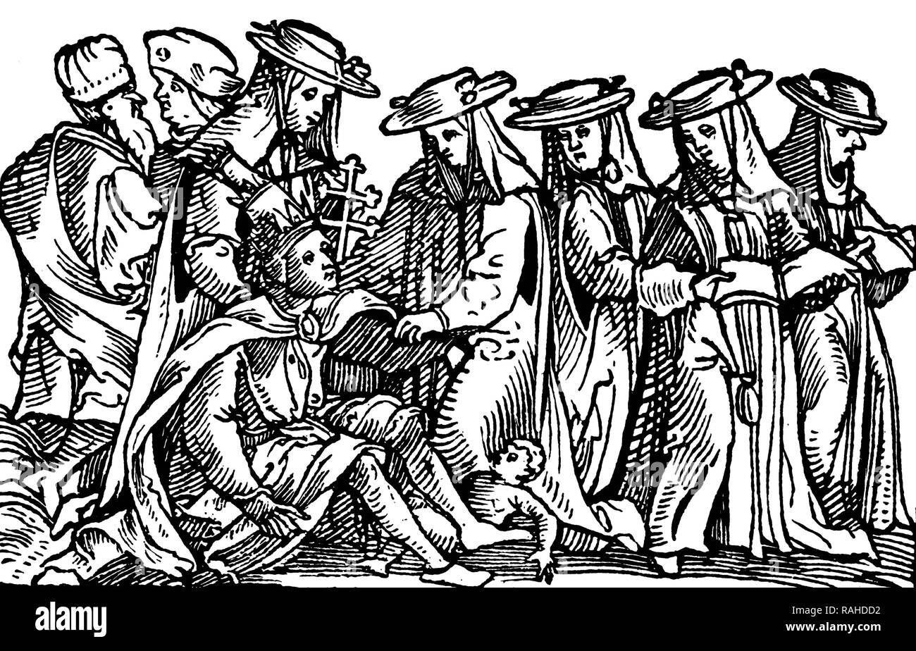 Pope Joan Geburt in den Straßen, ein deutscher satirischer Holzschnitt, um 1750 Stockfoto