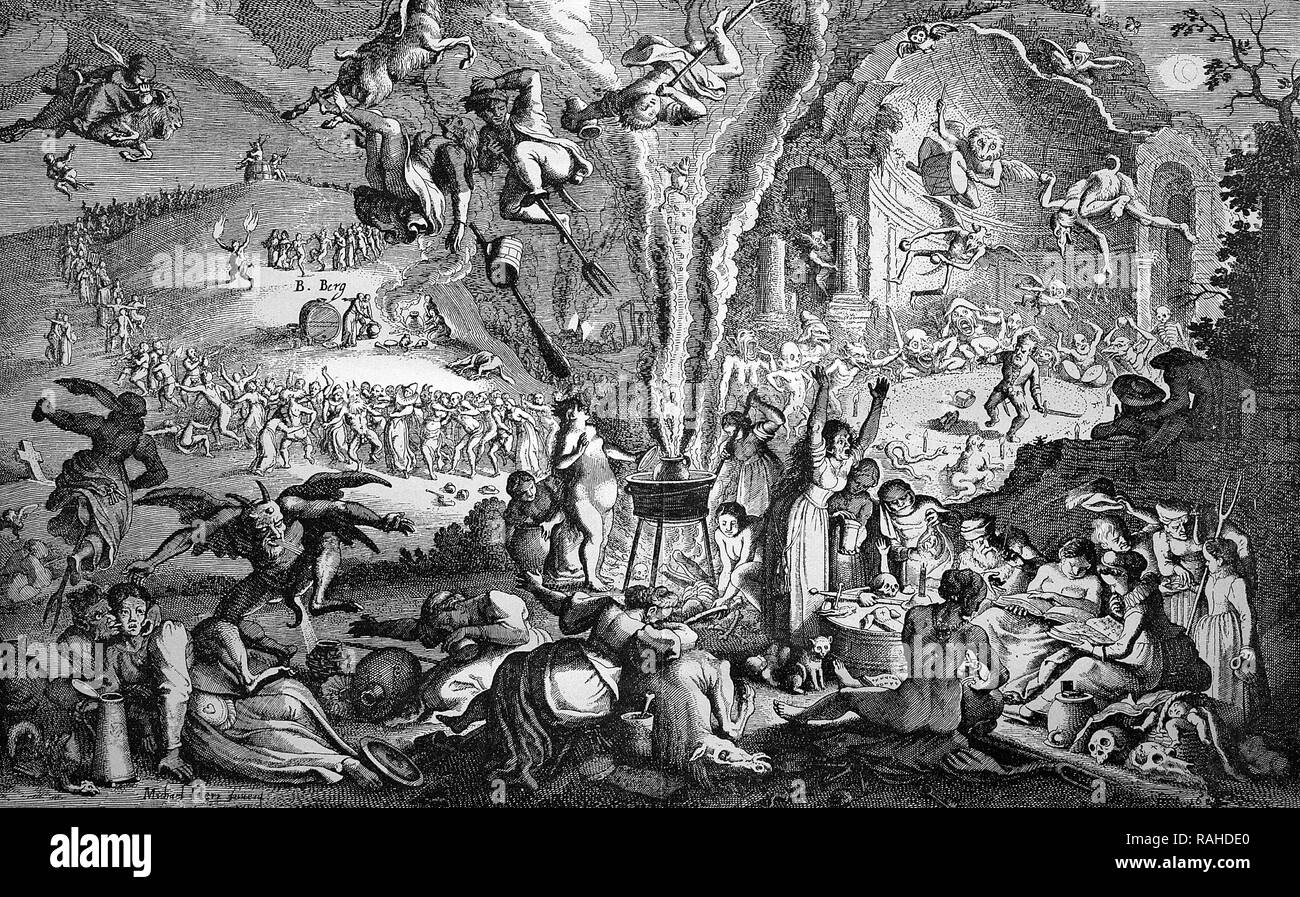 Sabbat die Hexen in der Walpurgisnacht auf Blocksberg Berg, auch als Brocken bekannt, Deutsche Kupferstich Stockfoto