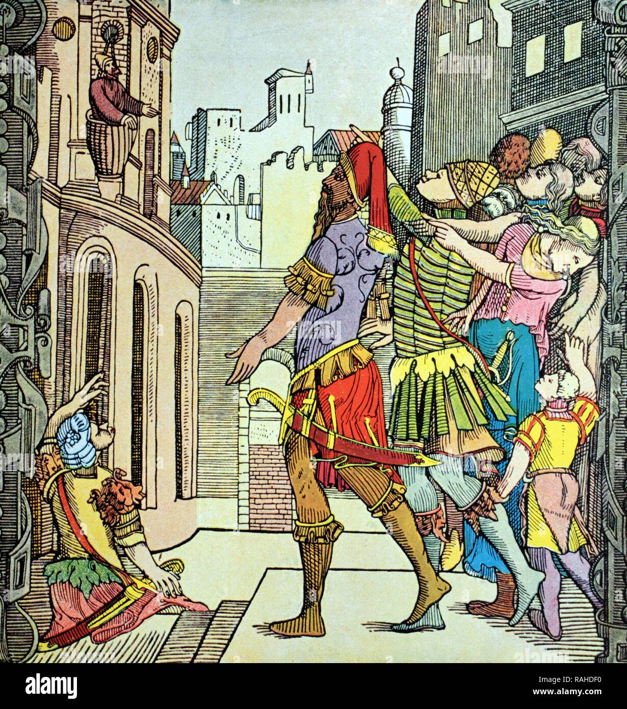 Virgil es Abenteuer, Holzschnitt aus dem 16. Jahrhundert von Virgil Solis, auch bekannt als Virgil Solis Stockfoto