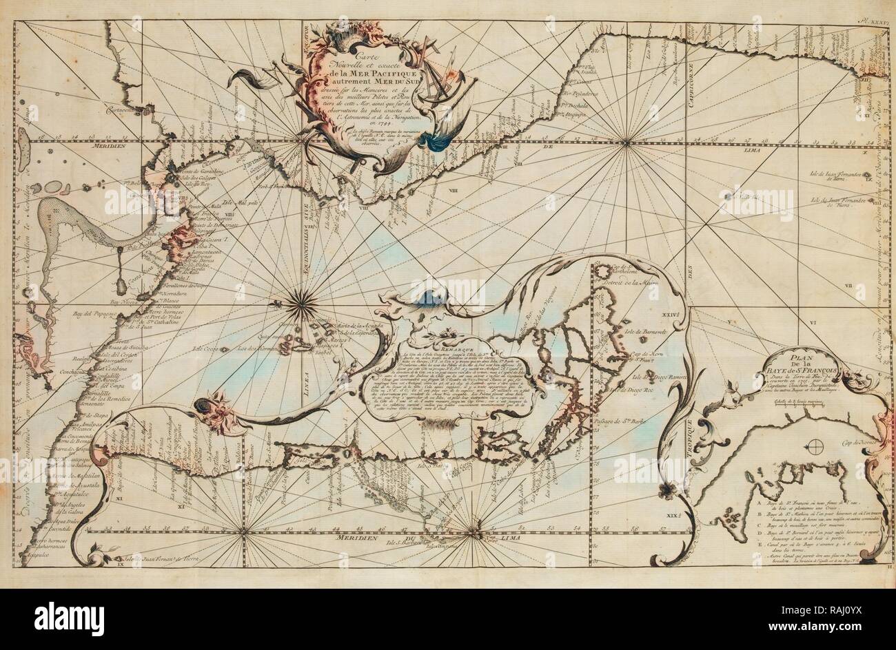 Carte Nouvelle et exacte de la Mer Pacifique autrement Mer du Sud, Voyage Historique de l'Amerique meridionale: fait Neuerfundene Stockfoto