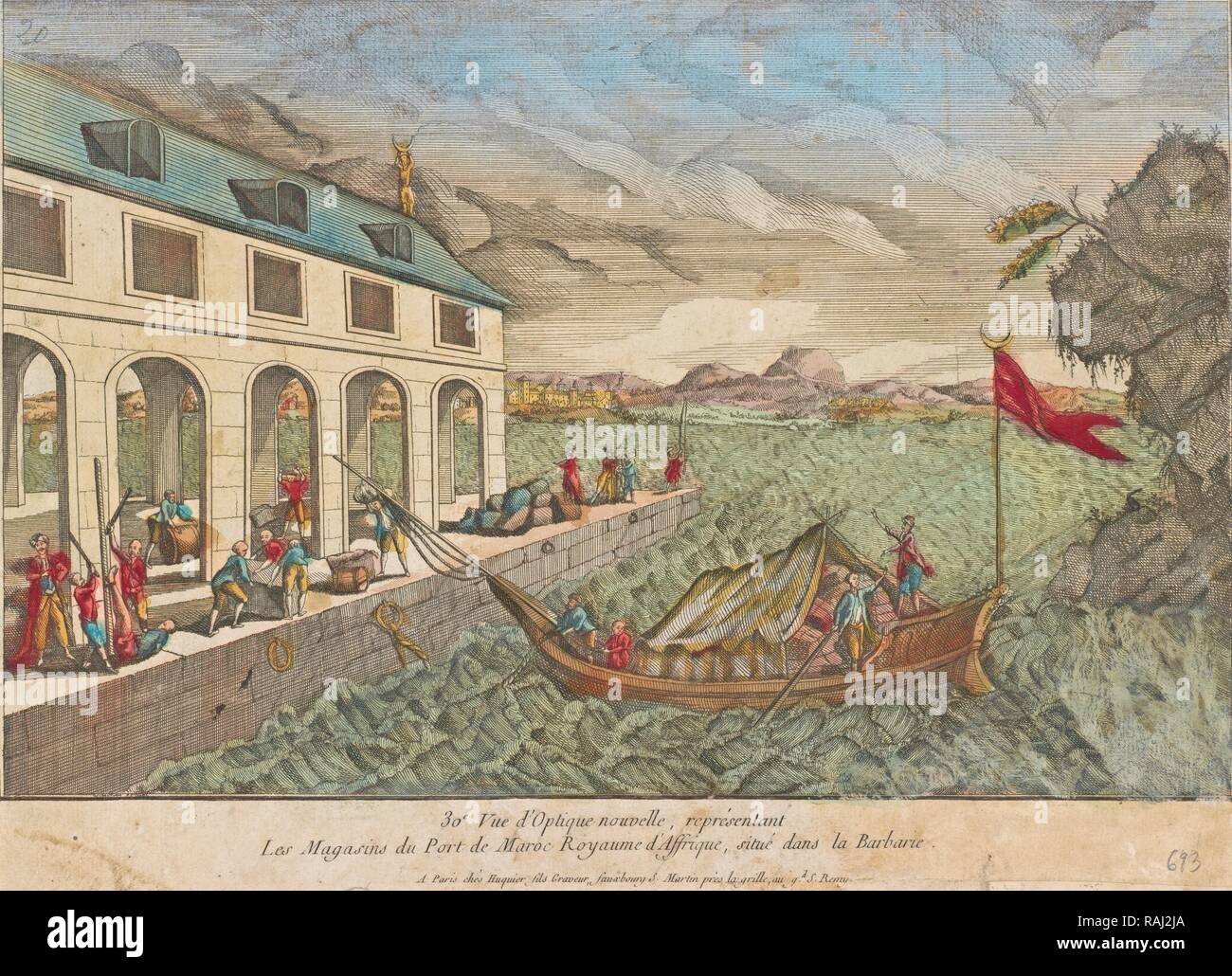 Les Magasins du Pont de Maroc Royaume d'Affrique, afrikanische Vues d'optique, Jacques Gabriel Huquier, Gravieren, hand Neuerfundene Stockfoto