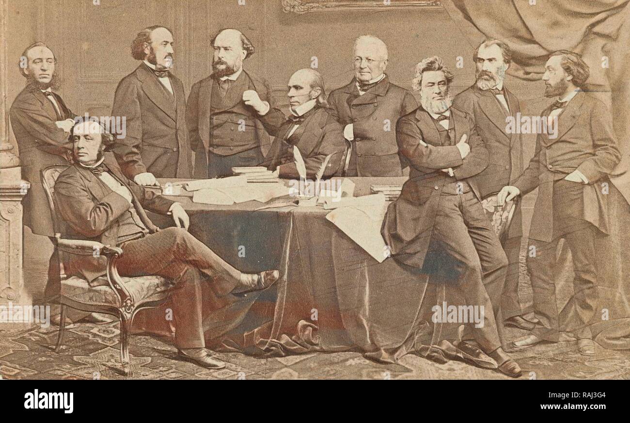 Fotomontage von neun Männern Politiker um einen Tisch herum, darunter Louis Adolphe Thiers vierter von rechts und Jules Favre neuerfundene Stockfoto