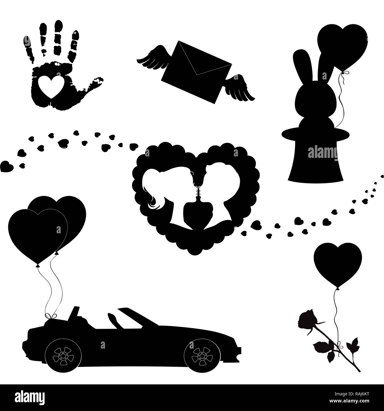 Happy Valentines Tag schwarze Symbole Silhouette auf weißem Hintergrund. Liebe Urlaub. Valentine oder Ehe Sammlung Elemente für die Begrüßung von Auto Stockfoto