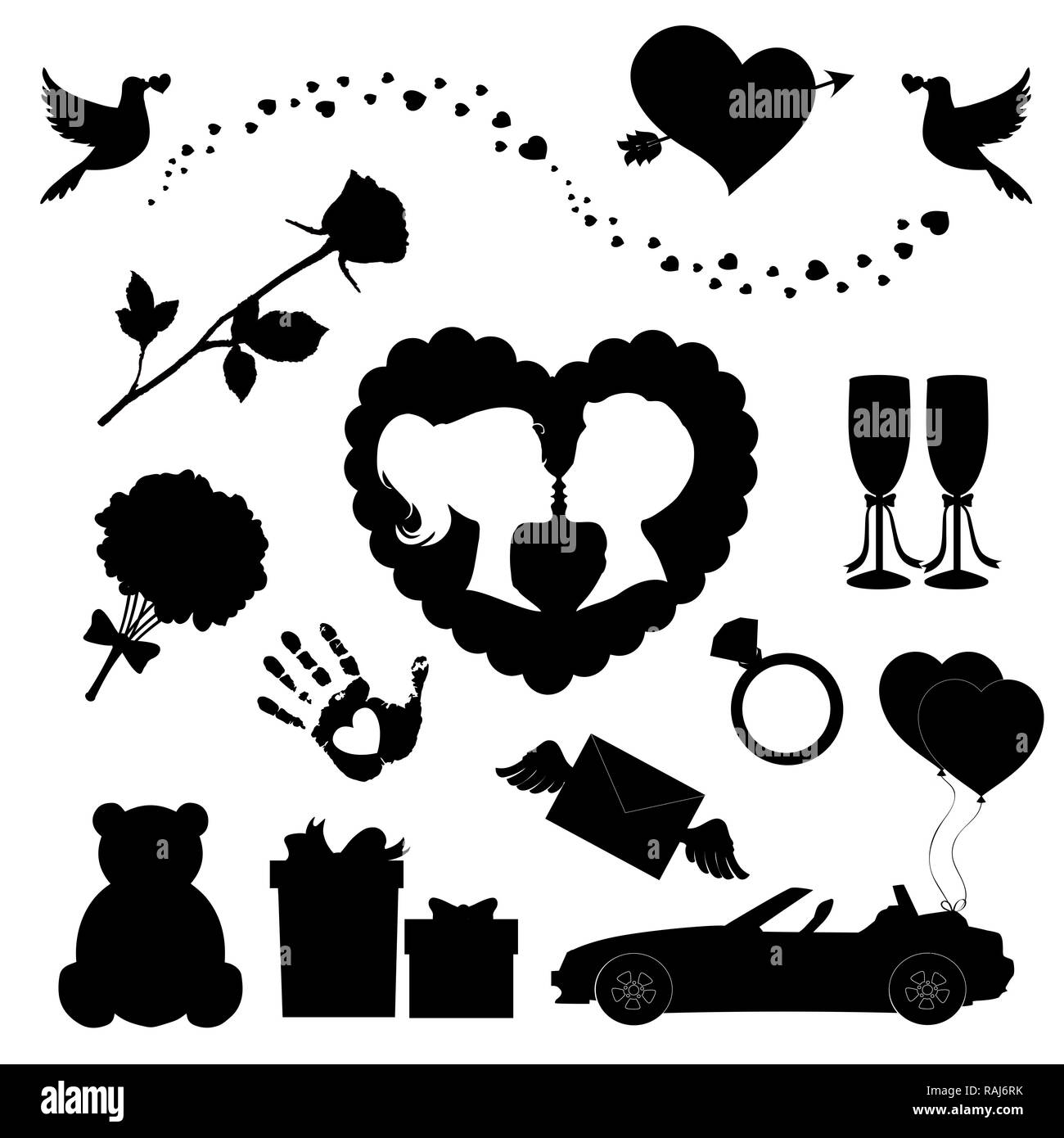 Liebe Symbole 14 editierbare gefüllt Valentine silhouette Schilder. Teddybär, Herzen, Ballons, Pfeil Herz, Rose, Kuss Paar, Just married Auto, Bal Stockfoto