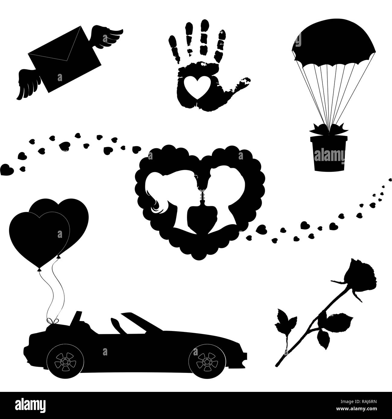 Liebe Symbole 7 editierbare gefüllt Valentine silhouette Zeichen auf weißem Hintergrund. Herzen, Ballons, Rose, küssen paar, Just married Auto, Stockfoto