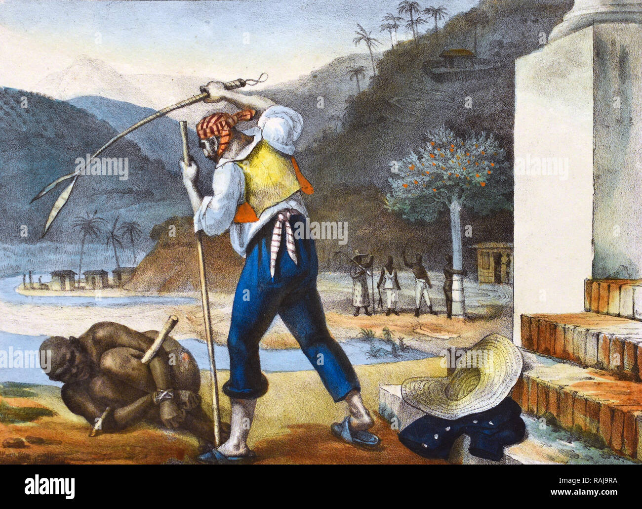 JEAN - BAPTISTE DEBRET (1768-1848) französischer Künstler. Eine Lithographie mit dem Titel "Plantation Aufseher der Disziplinierung der Schwarzen" aus seiner Geschichte von Brasilien zwischen 1834 und 1839 veröffentlicht. Stockfoto