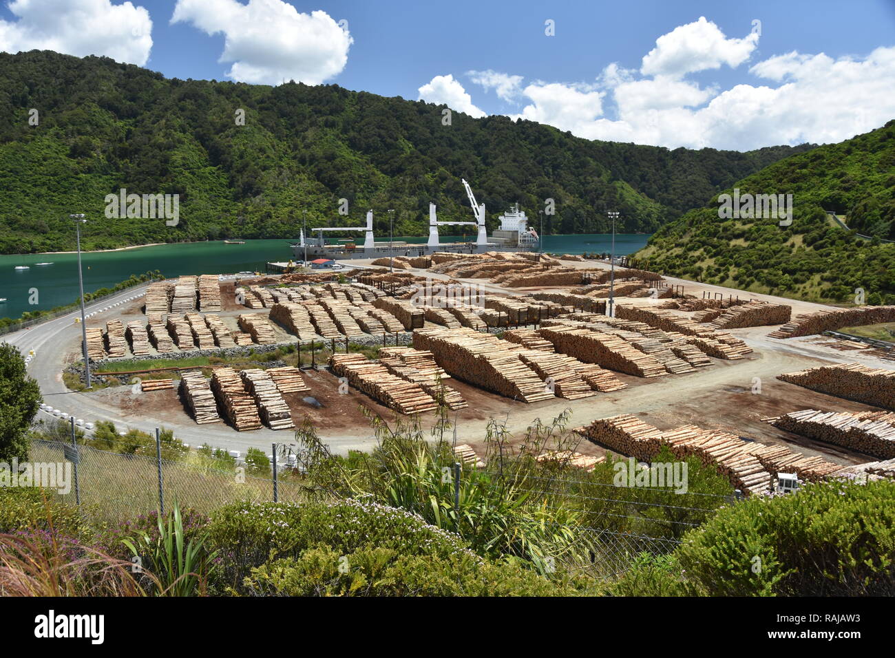 Am Waimahara Wharf in Shakespeare Bay, oben auf der Südinsel, die Chipol Huanghe erwartet Laden der Protokolle für Export Stockfoto