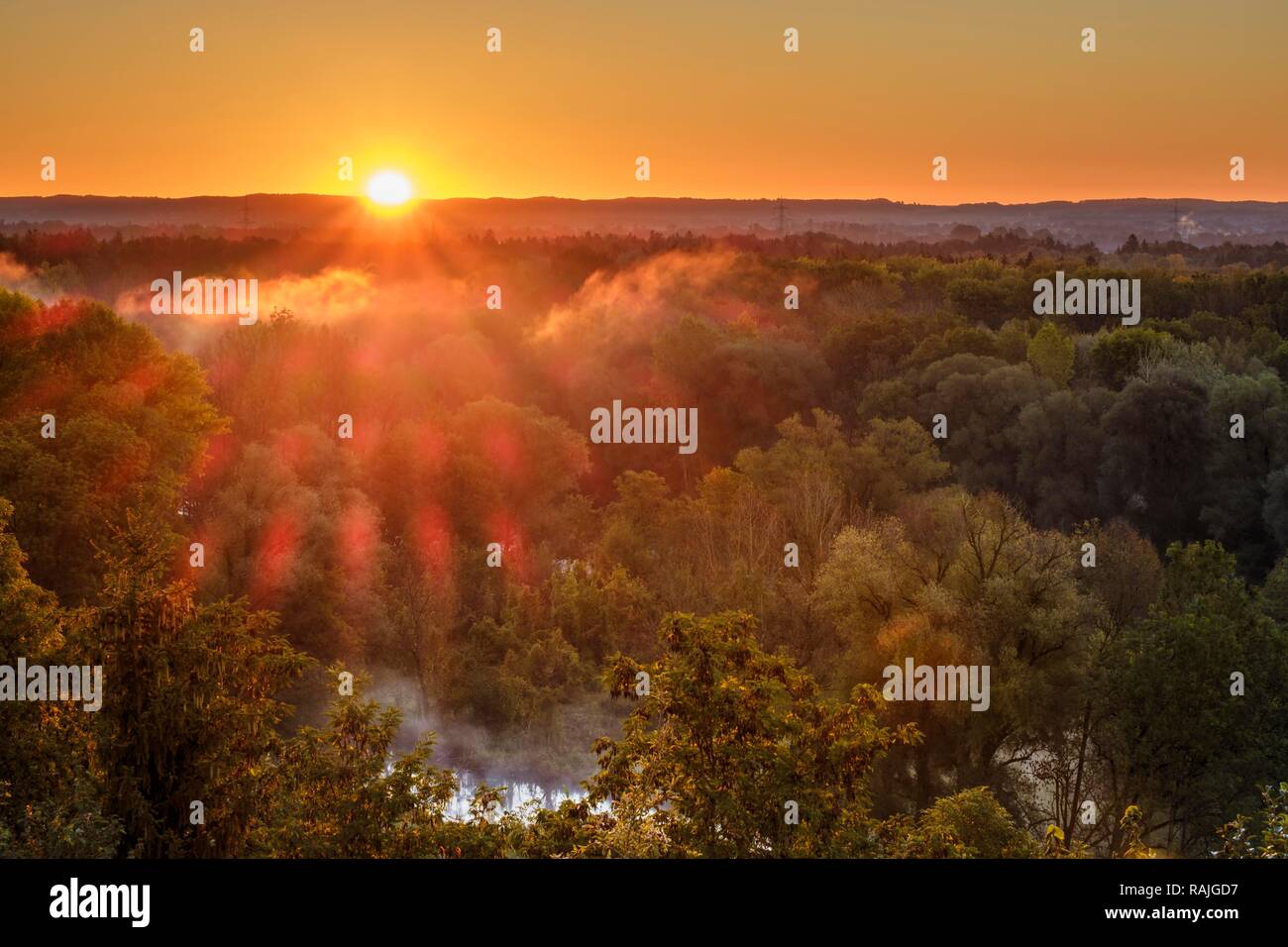 Sonnenaufgang über der Isar, Isar Auen, in der Nähe von Freising, Oberbayern, Bayern, Deutschland Stockfoto