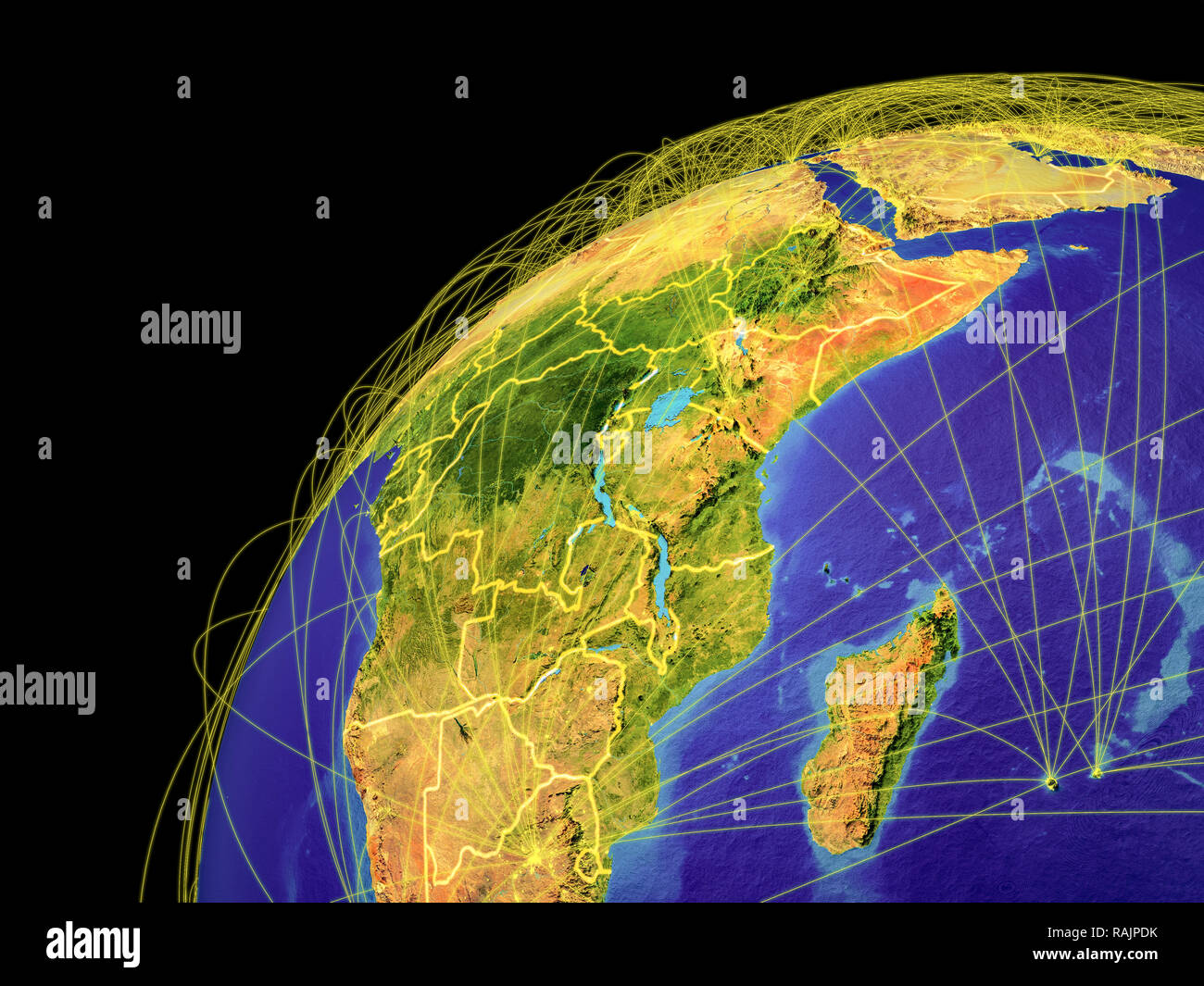 Ostafrika aus dem Weltraum auf der Erde mit Linien, internationale Verbindungen, Kommunikation, Reisen. 3D-Darstellung. Elemente dieses Bild furn Stockfoto