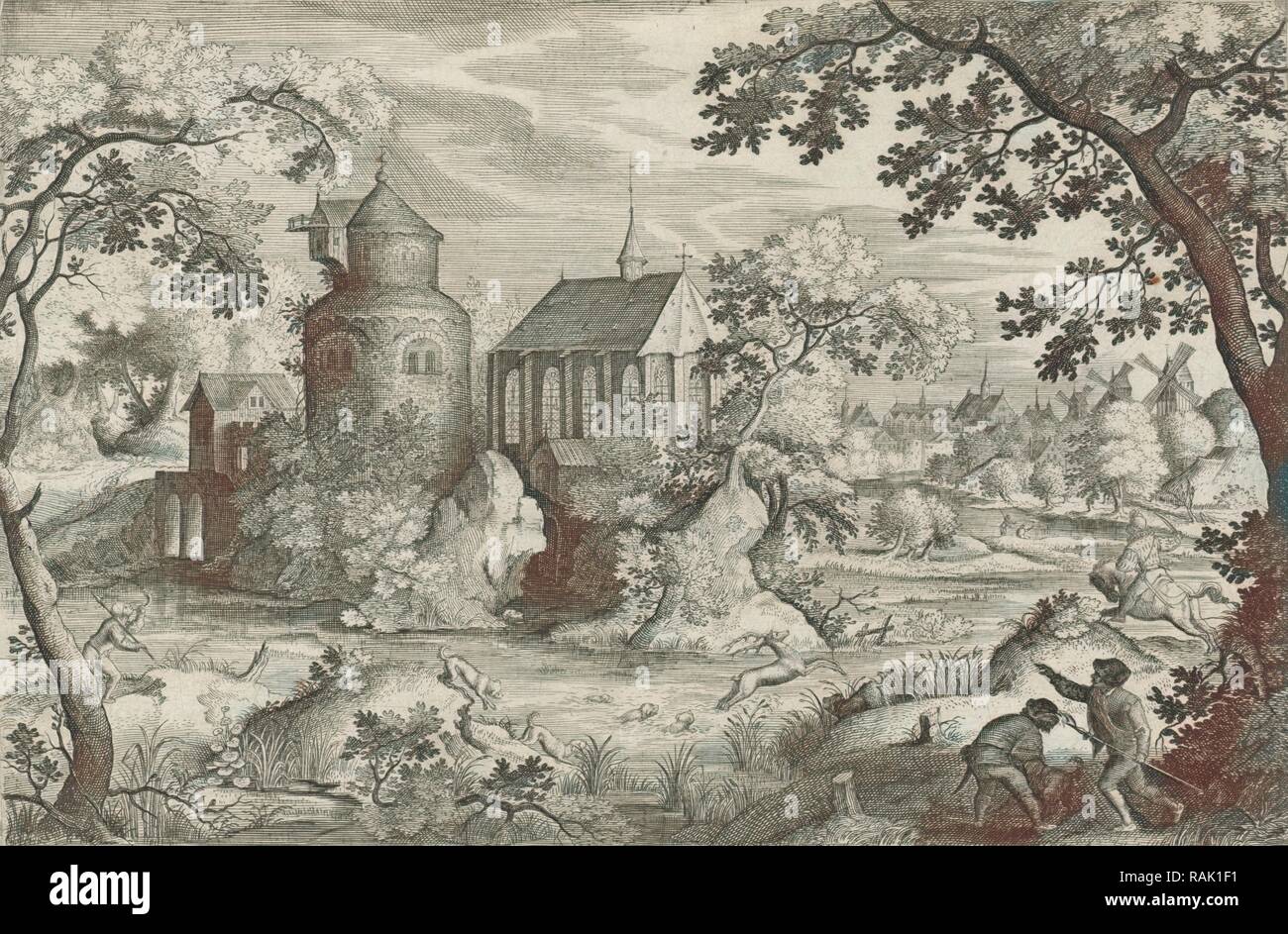 Hirsch Jagd mit einer Kapelle, drucken Teekocher: Jan van Londerseel, Jacob Savery I, 1602 - 1625. Neuerfundene Stockfoto