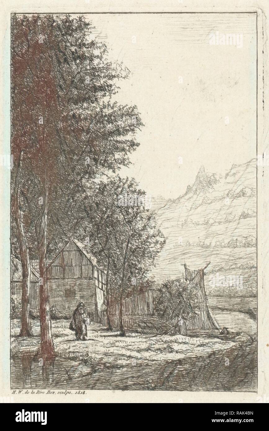 Bauernhof mit hohen Bäumen, Hans Willem, 1818. Neuerfundene durch Gibon. Klassische Kunst mit einem modernen Touch neuerfundene Stockfoto