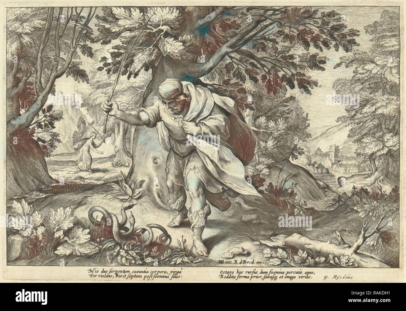 Teiresias speichert in einem Wald zwei passende Schlangen. Dann drehte er sich in eine Frau. Sieben Jahre später wechselte er zurück in eine Neuerfundene Stockfoto