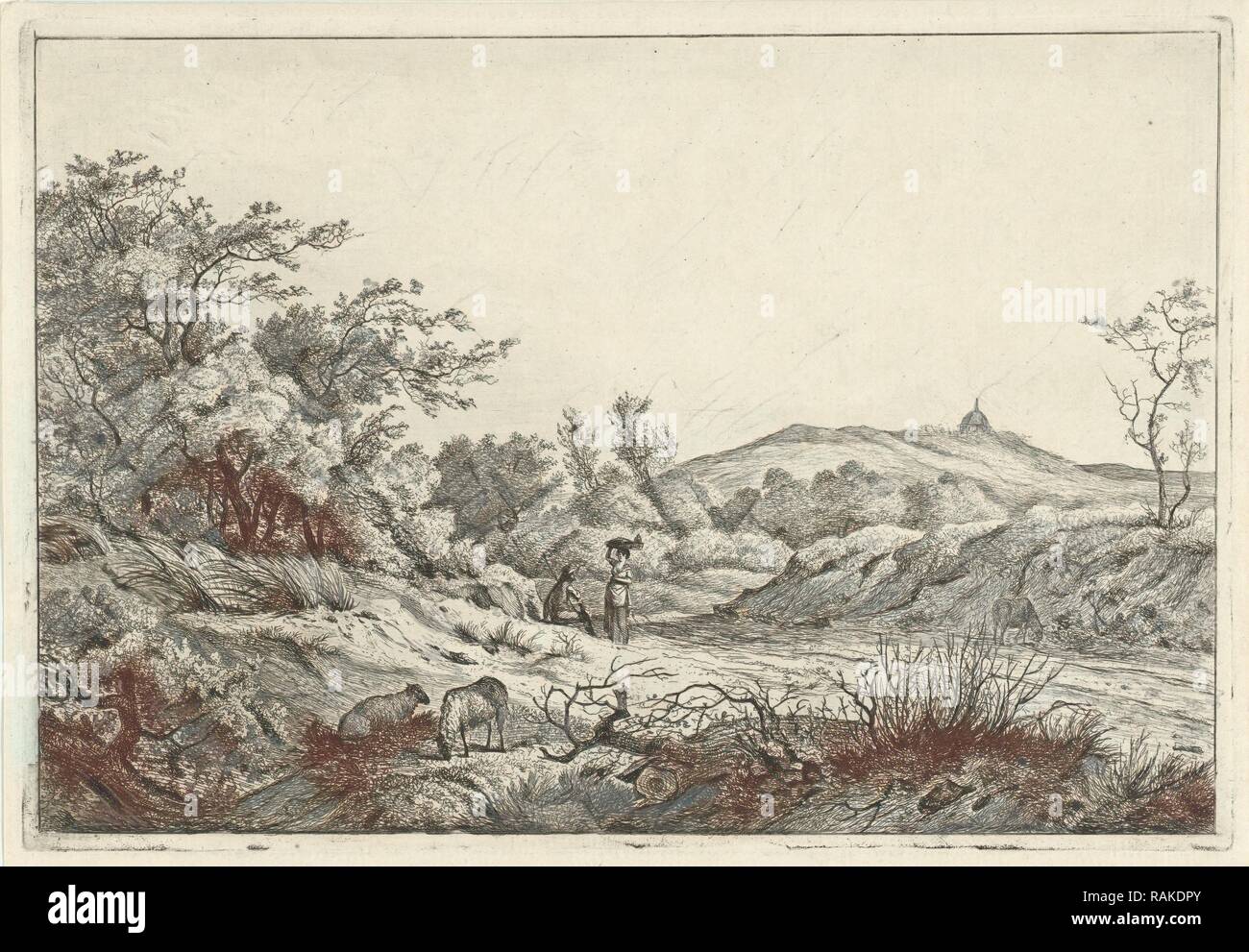 Landschaft mit Schäfer und Frau, Assuerus van Londerseel, Nicolaes de Bruyn, 1598 - 1602. Neuerfundene Stockfoto