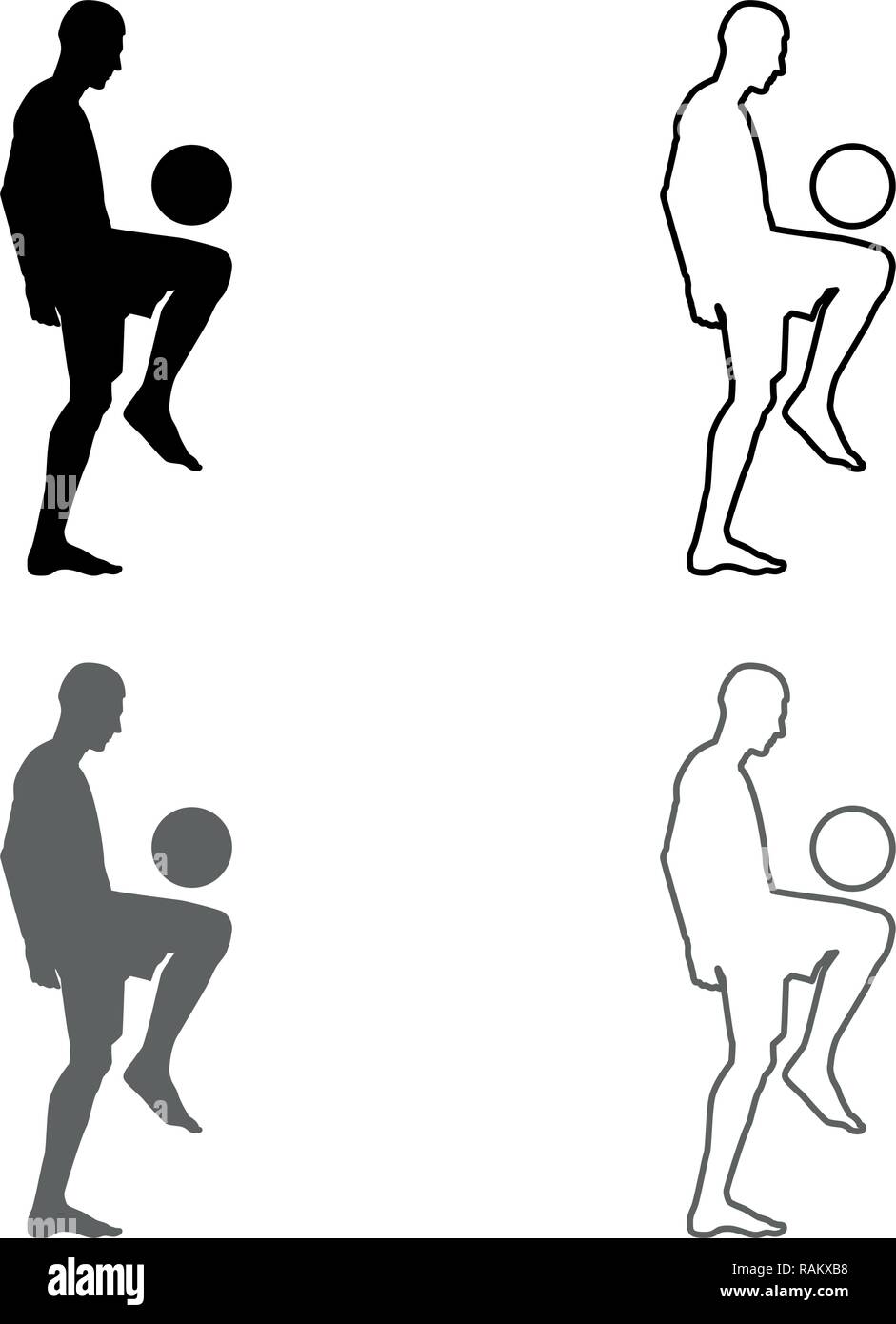 Fußball-Spieler jonglieren Kugel mit seinem Knie oder stopft den Ball auf seinem Fuß silhouette Icon Set Grau Schwarz Vektor skizziere ich Flat Style s Stock Vektor