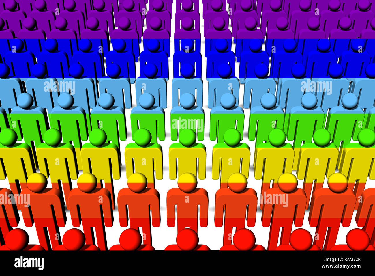 3D-Darstellung. Menschen mit den Farben der Flagge des Friedens. Stockfoto