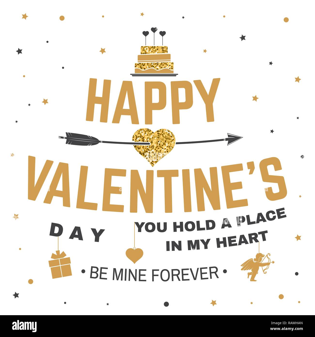 Happy Valentines Tag. Stempel, Overlay, Abzeichen, Aufkleber, Karte mit Kuchen und Herzen mit Pfeilen. Vektor. Vintage Typografie Design für Einladungen, Valentines Tag romantische Feier Emblem im Retro-Stil Stock Vektor