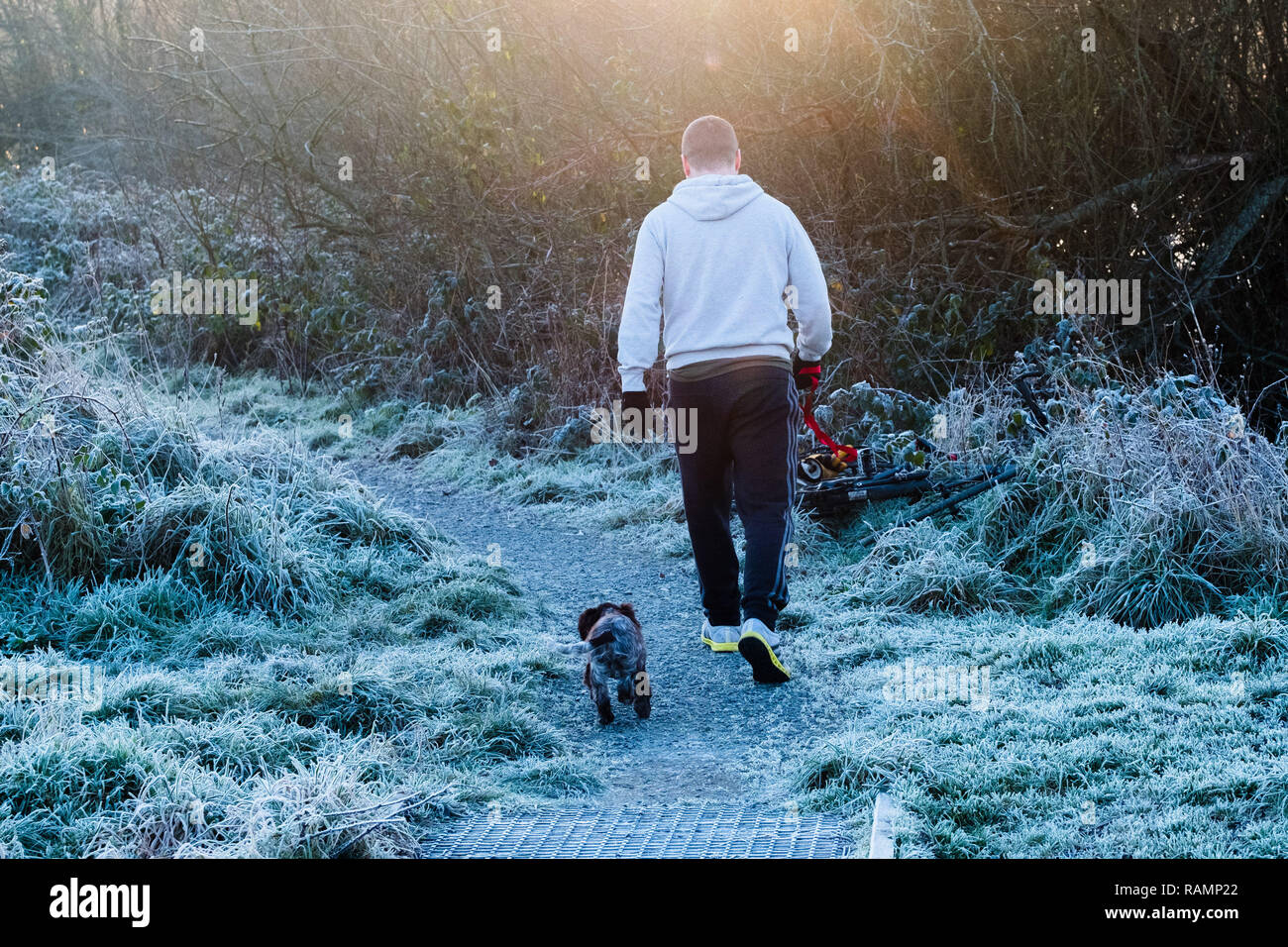 Aberystwyth Wales UK, 04/01/2019 UK Wetter: Ein Mann, der seinen Hund auf einem kalten und frostigen Morgen in Aberystwyth, West Wales nach einer Nacht der klare Himmel als statische Hochdrucksystem dominiert das Wetter über dem Land Foto Keith Morris/Alamy leben Nachrichten Stockfoto