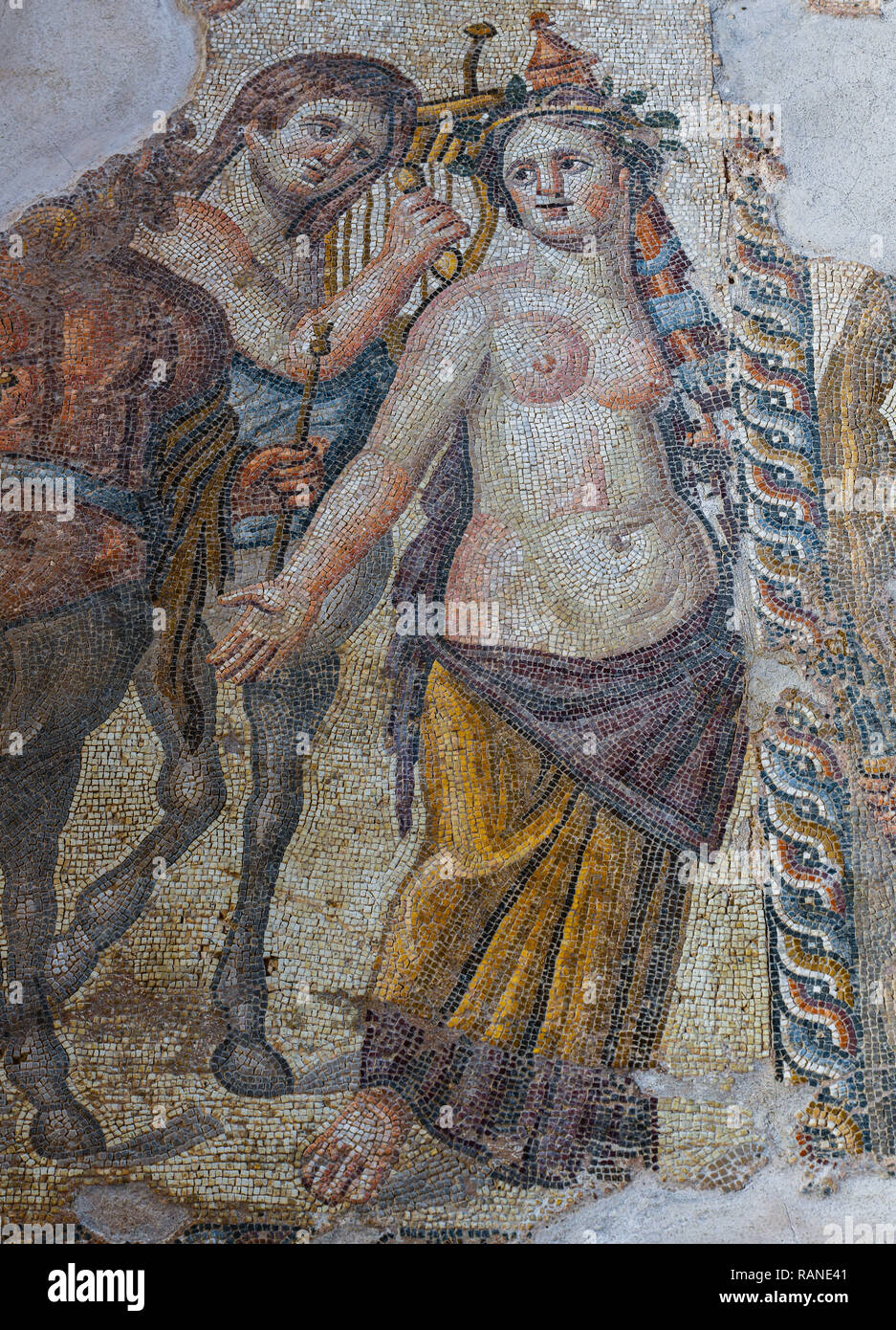 Mosaik, Dionysos, Centaur und Maenad, Haus des Aion, Ausgrabungen, archäologische Park, Paphos, Zypern, Mosaik, Dionysos-Zug, Zentaur und Stockfoto