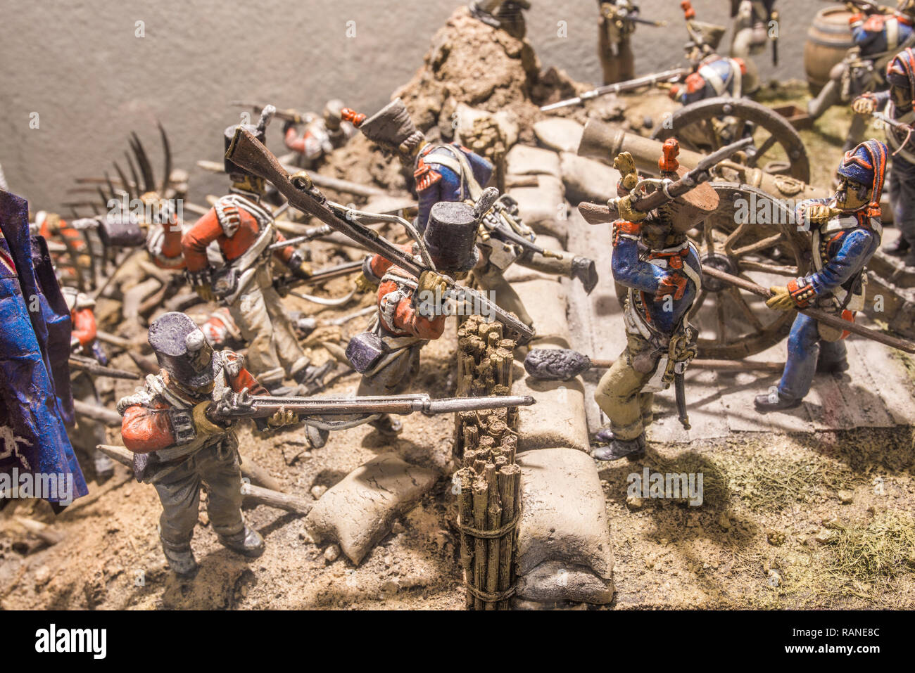 Badajoz, Spanien - Dez 19th, 2018: Trinidad Bastion gegen Angriff. Sturm auf Badajoz, April 1812. Hill Kampf Aktion. Szene neu erstellt von Diorama displ Stockfoto